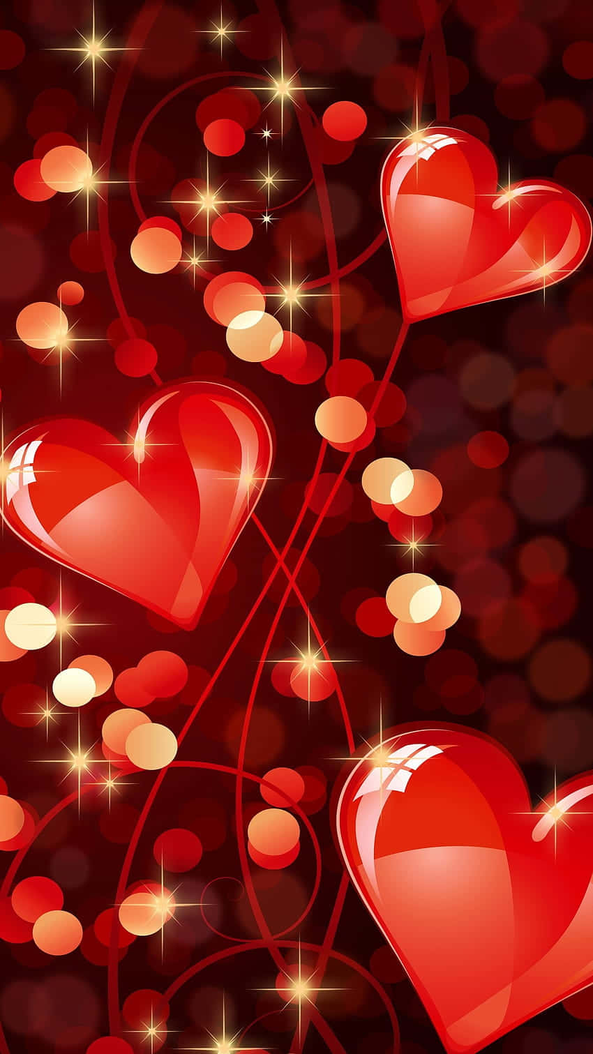 glowing hearts, glossy red hearts, sparkling lights, HD Phone Wallpaper