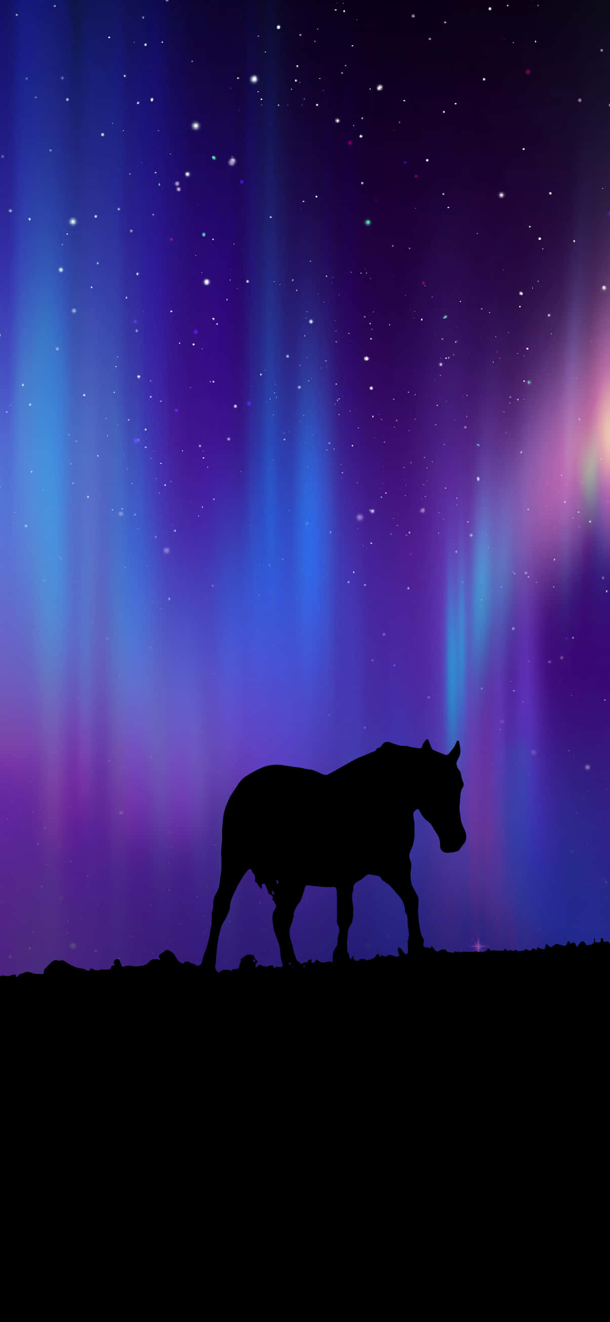 horse silhouette, dark hill, vibrant aurora borealis, 2K Phone Wallpaper