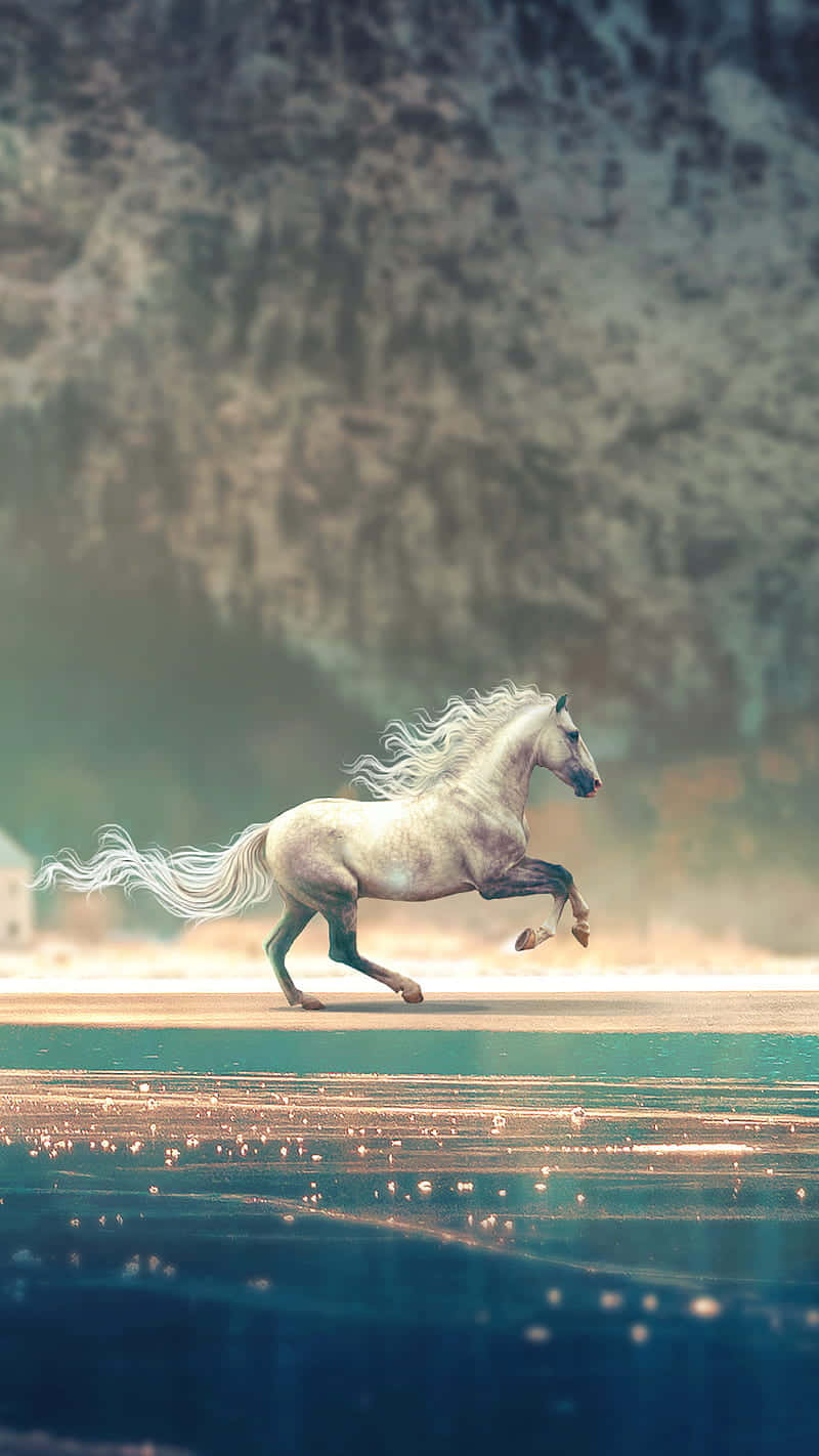 white horse, scenic landscape, shimmering reflective surface, HD Phone Wallpaper