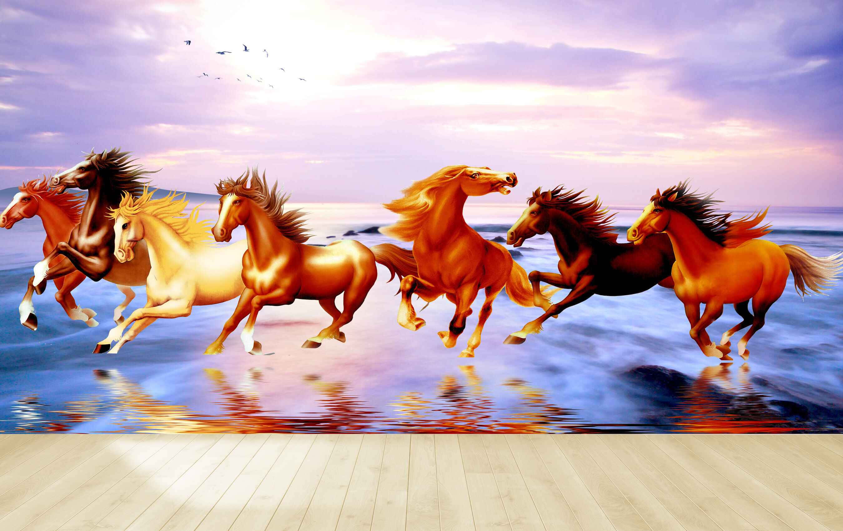 7 brown horses, clear sky, sunset, 2K Desktop Wallpaper