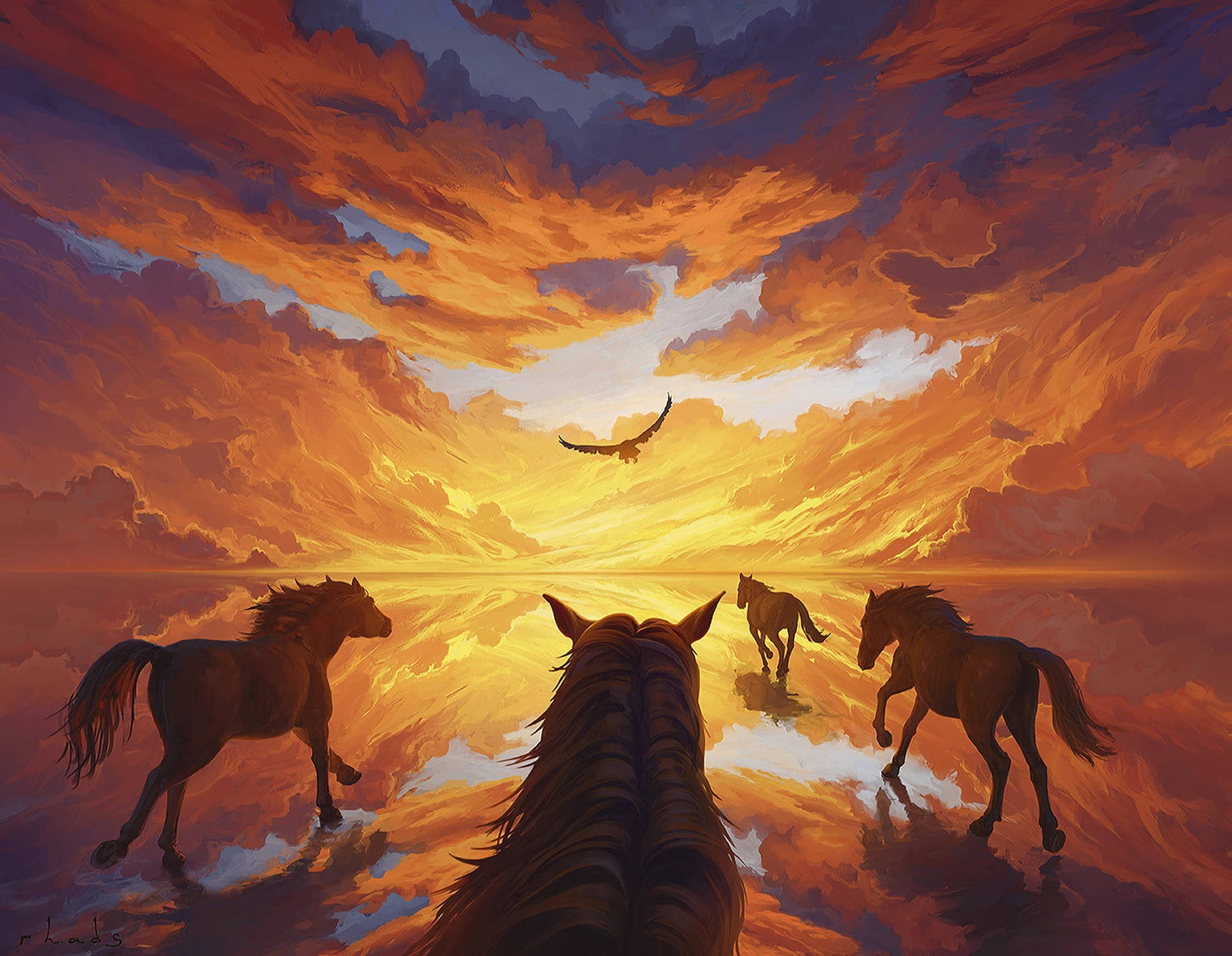 Beautiful Horses, sunset, fiery orange and purple sunset sky, Full HD Desktop Wallpaper
