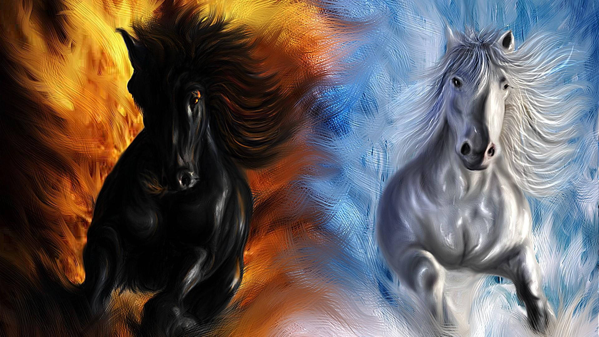 red and blue, black horse, white horse, Full HD Desktop Wallpaper