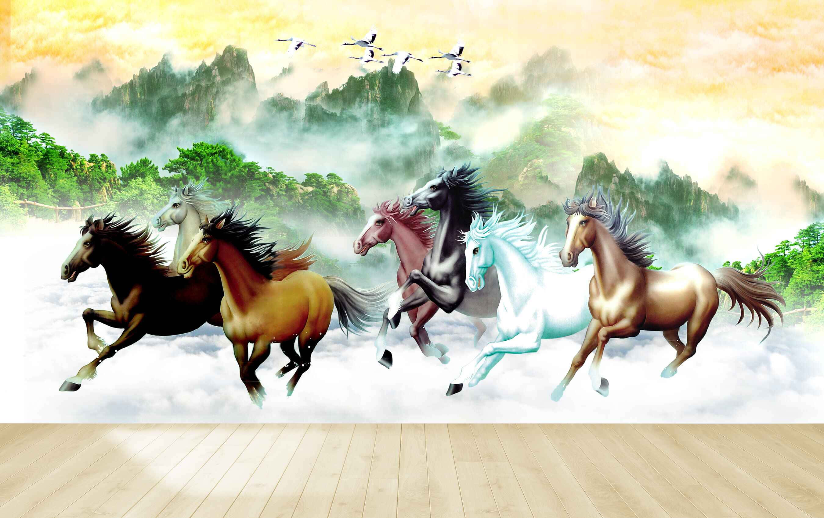 7 horses, white mist, green mountains, 2K Desktop Wallpaper