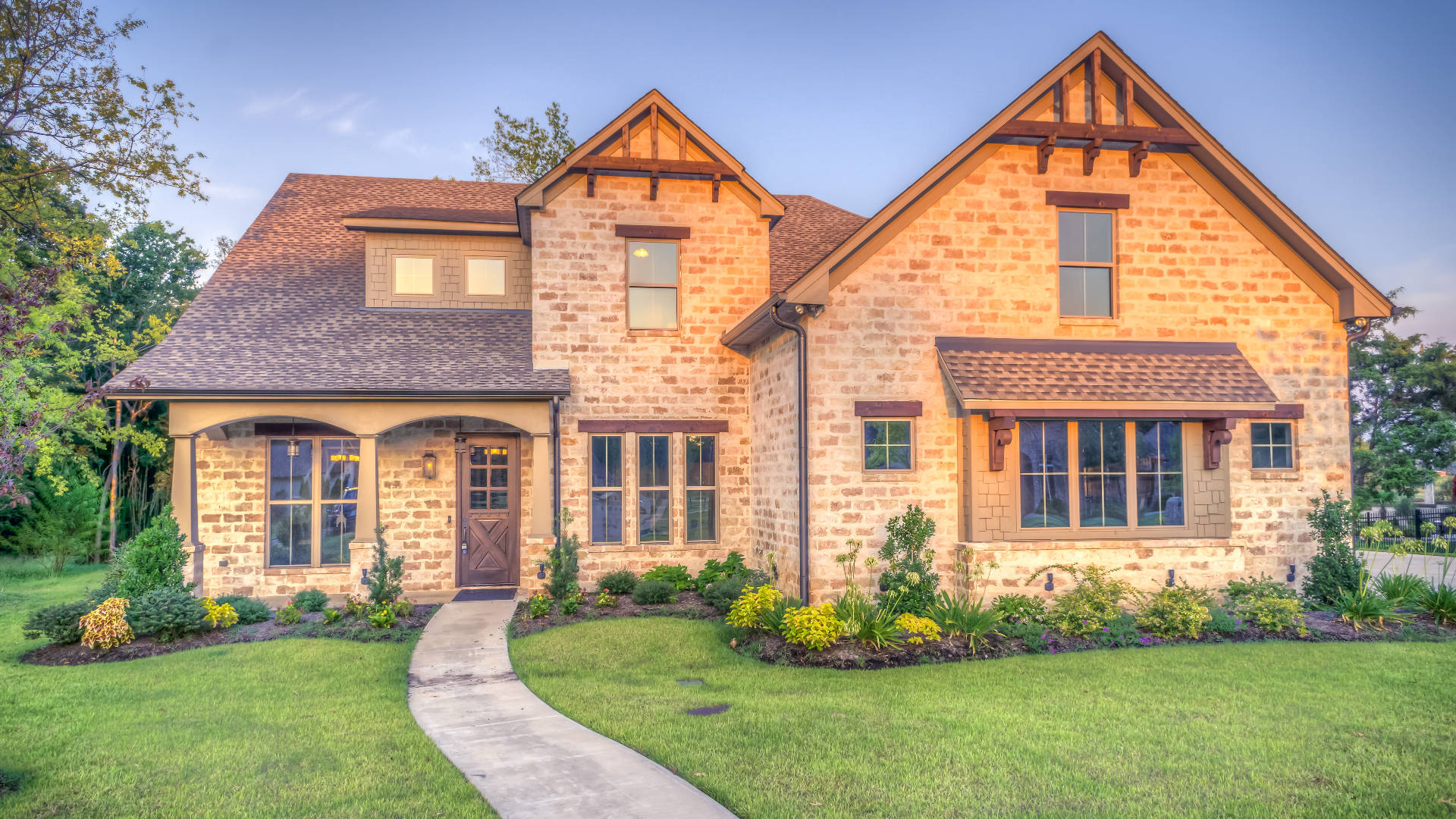 Brick Wall, Beautiful House, Trees Around, Full HD Desktop Wallpaper