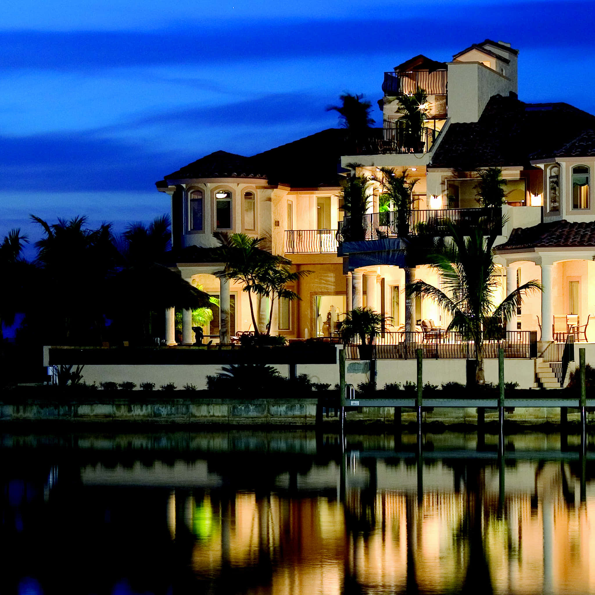 lake luxury house, waterfront mansion, palm trees, Full HD Desktop Wallpaper