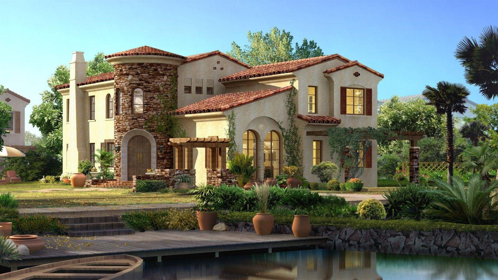 Mediterranean-style villa, terracotta roofs, stone accents, HD Desktop Wallpaper