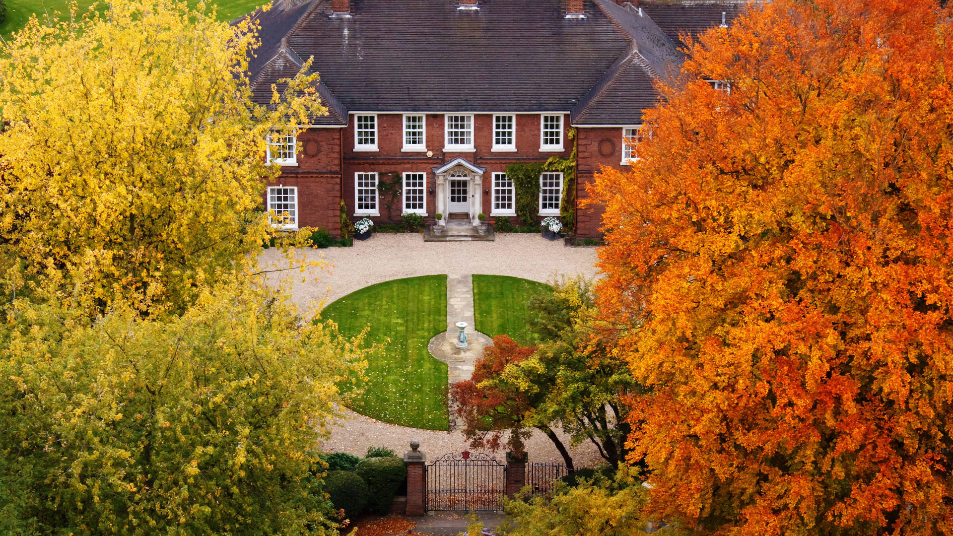 Beautiful House, red brick mansion, autumn trees, Full HD Desktop Wallpaper