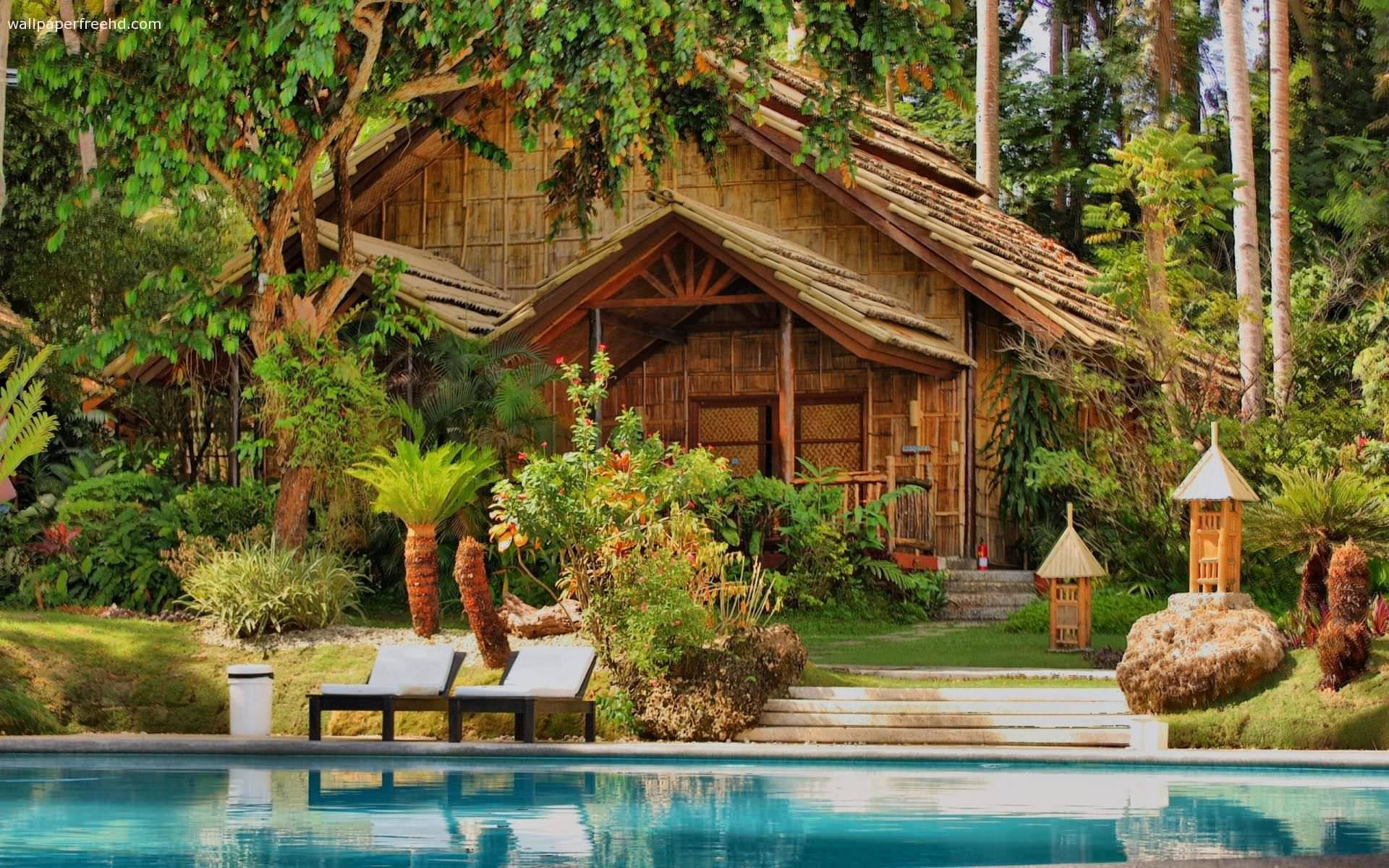 bamboo villa, lush tropical foliage, crystal clear swimming pool, Full HD Desktop Wallpaper