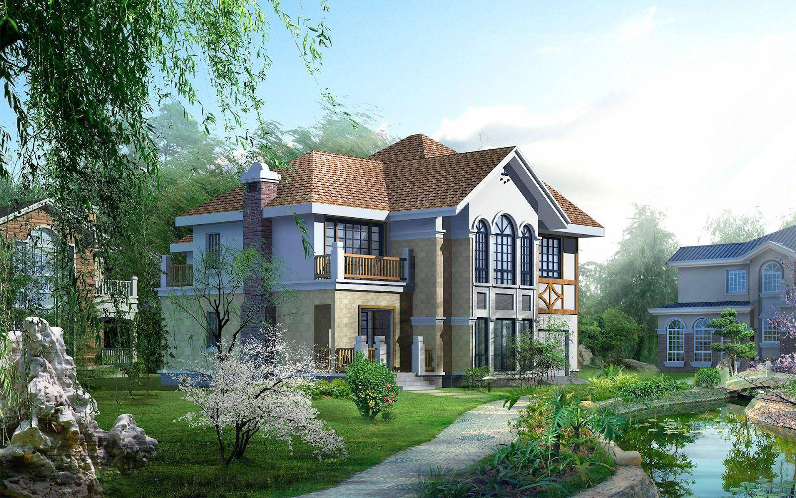 two-storey concrete and beautiful house, red-tiled roof, stone accents, HD Desktop Wallpaper