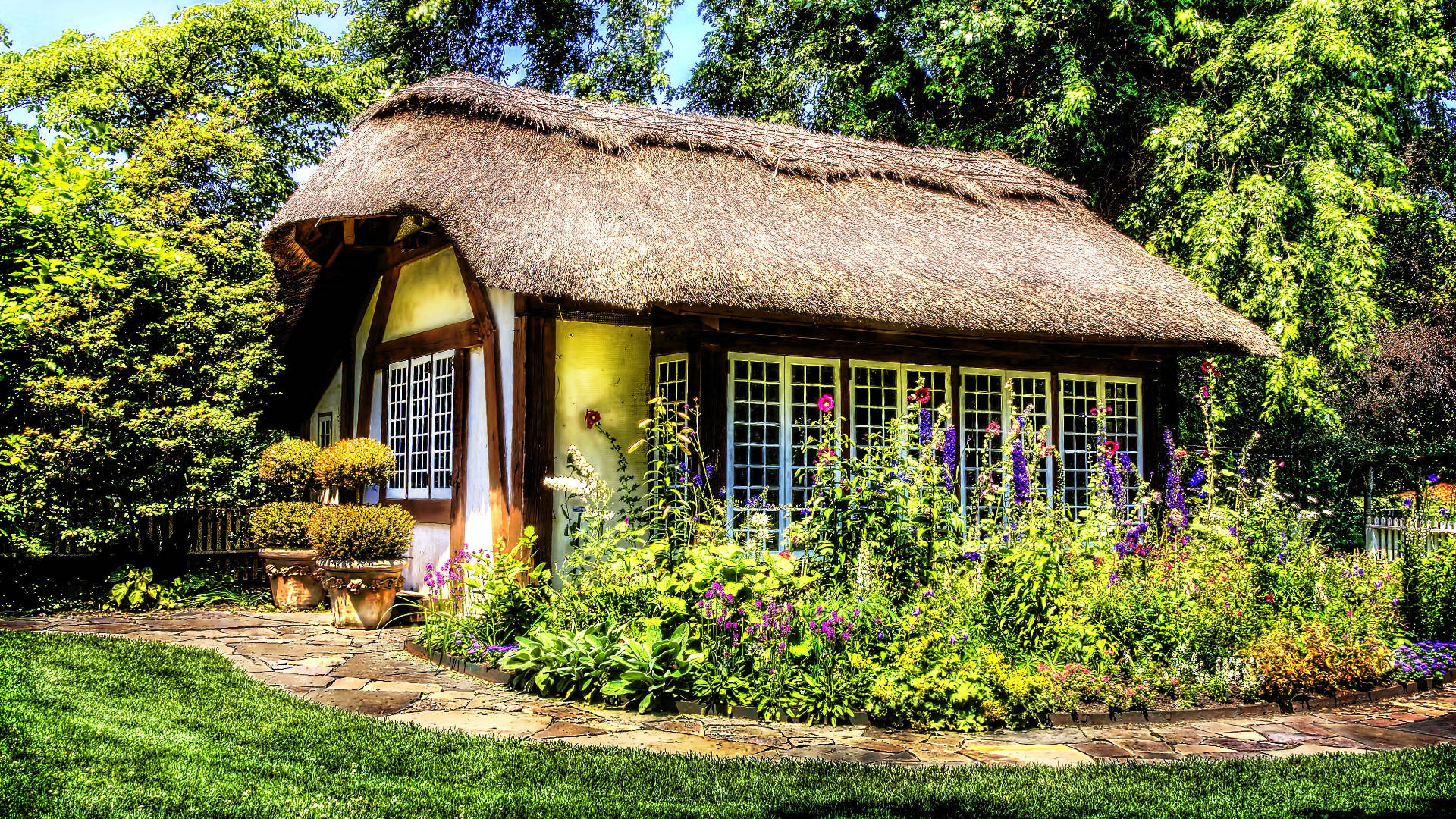 yellow, beautiful house, nipa roof, Full HD Desktop Wallpaper