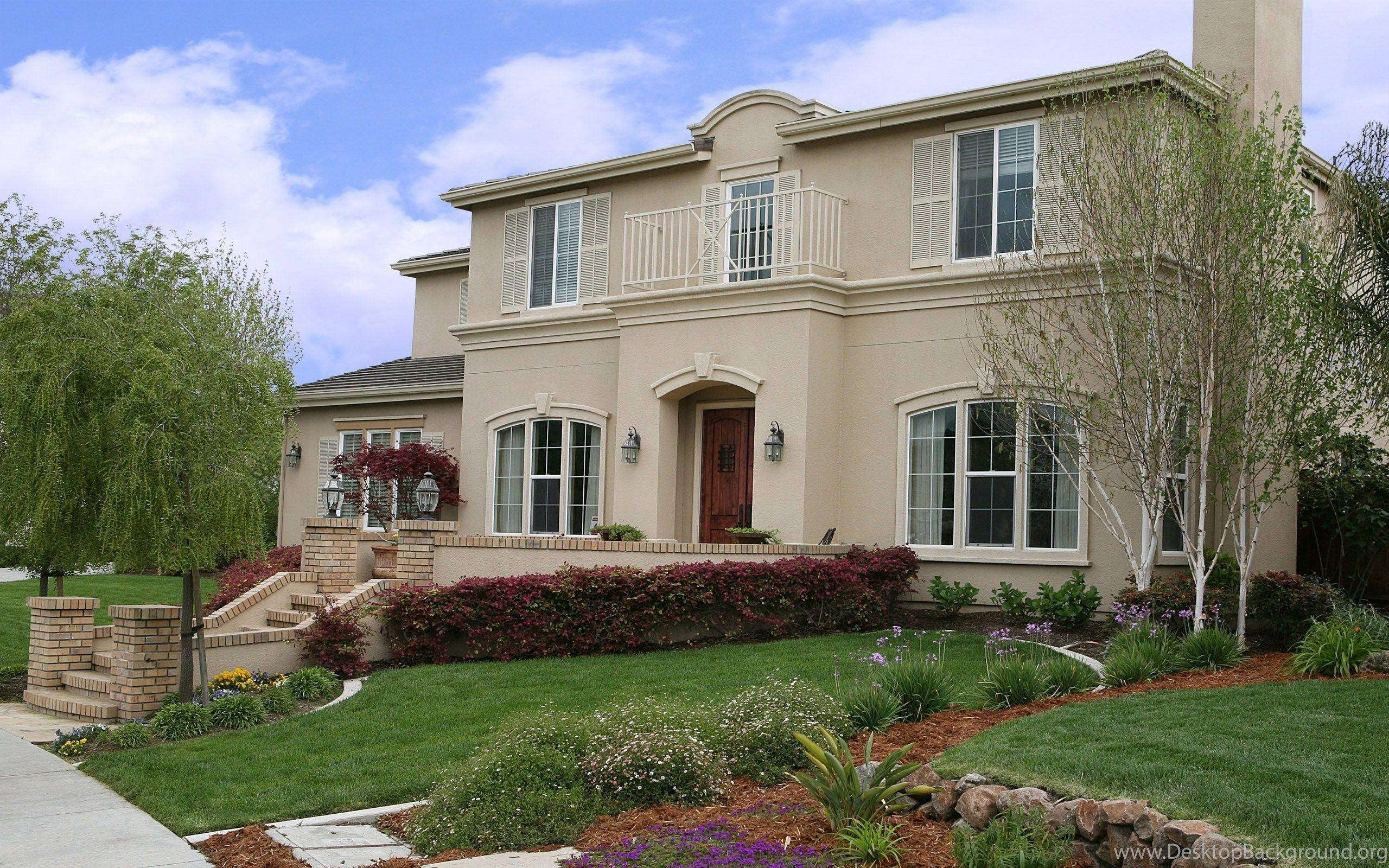 beige painted, two-story suburban home, white trim, 2K Desktop Wallpaper