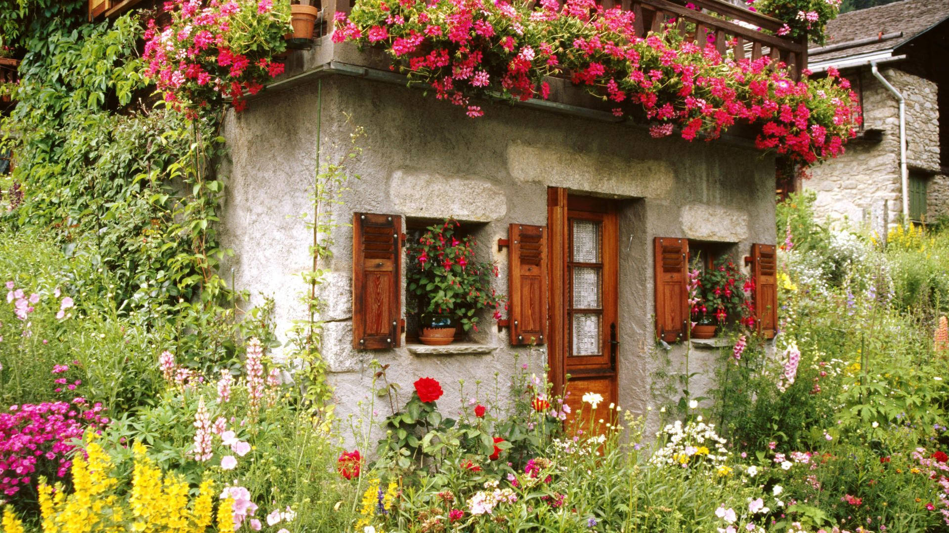 stone cottage, vibrant pink flowers, balcony, Full HD Desktop Wallpaper