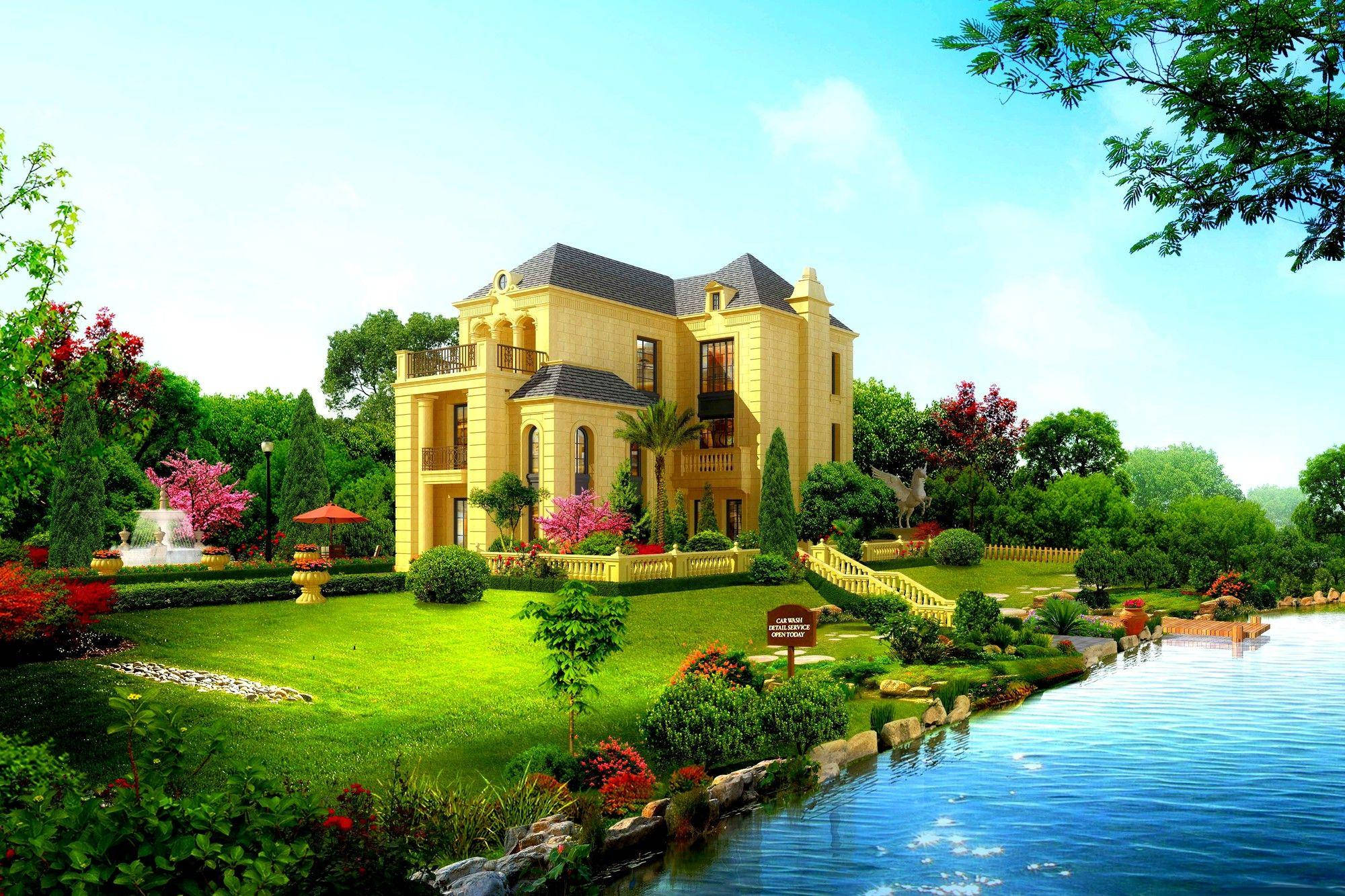 yellow painted beautiful house, lake, dark roof, Full HD Desktop Wallpaper