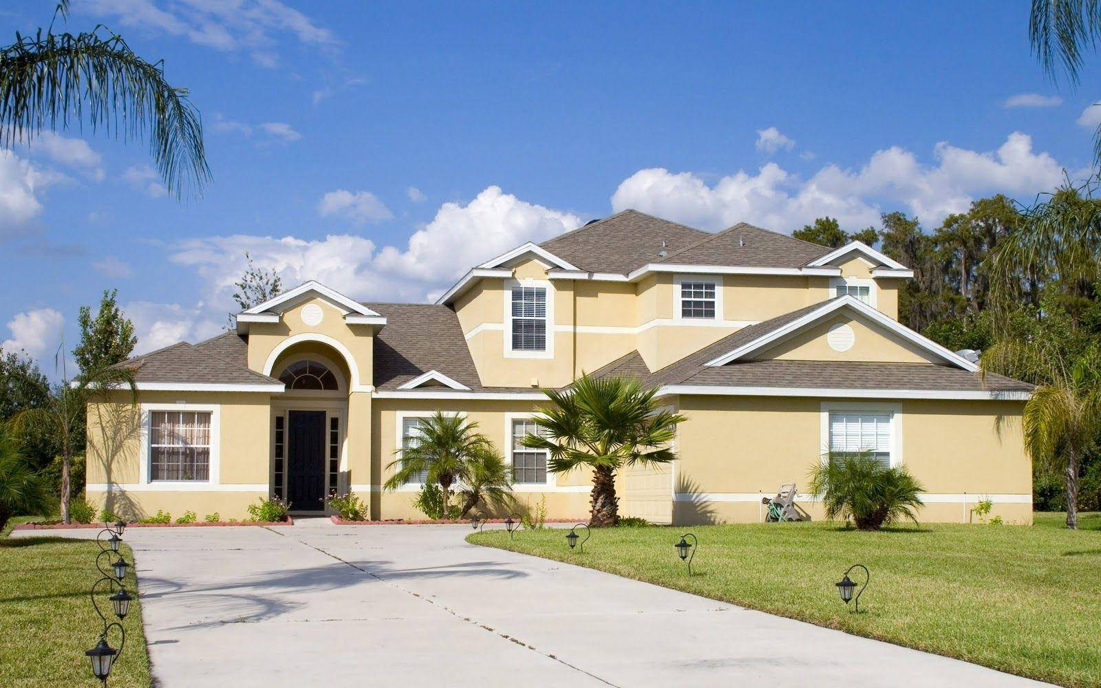 yellow painted concrete, two-story house, palm trees, HD Desktop Wallpaper