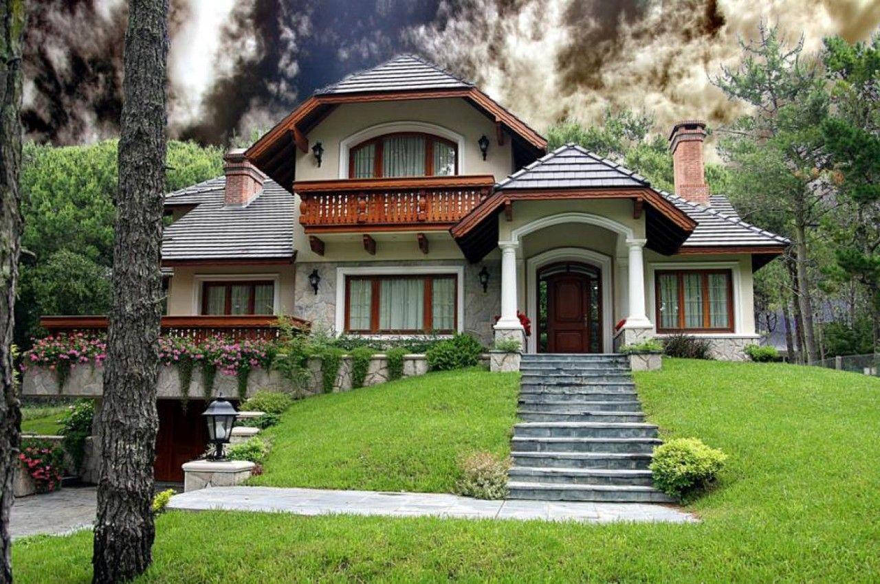 two storey concrete beautiful house, rustic mansion, stone and wood details, HD Desktop Wallpaper