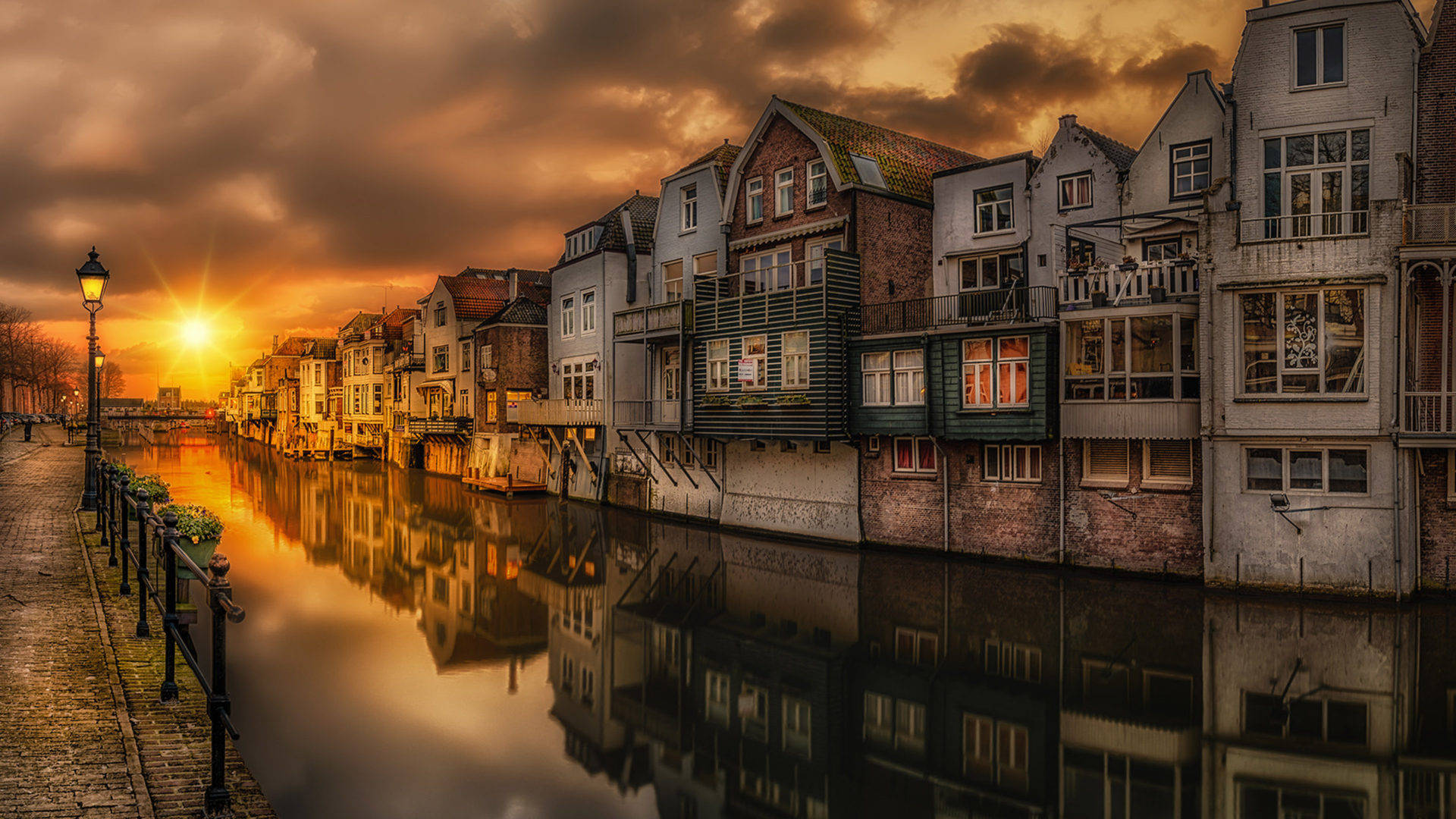 Sunset, historic canal houses, calm water, Full HD Desktop Wallpaper