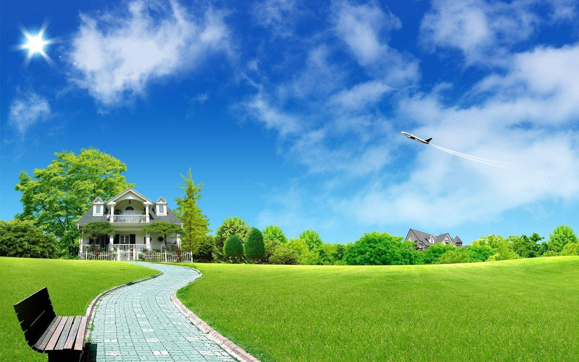 White House, brick path, vibrant green grass, Full HD Desktop Wallpaper