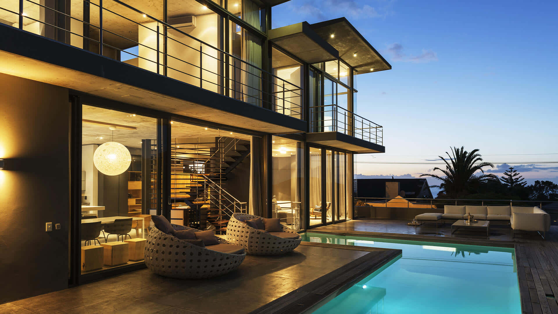 dark two story luxury house, modern glass house, glowing interior, Full HD Desktop Wallpaper