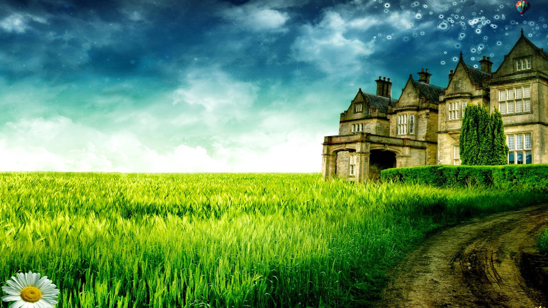 stone manor house, emerald field, cloudy sky, Full HD Desktop Wallpaper