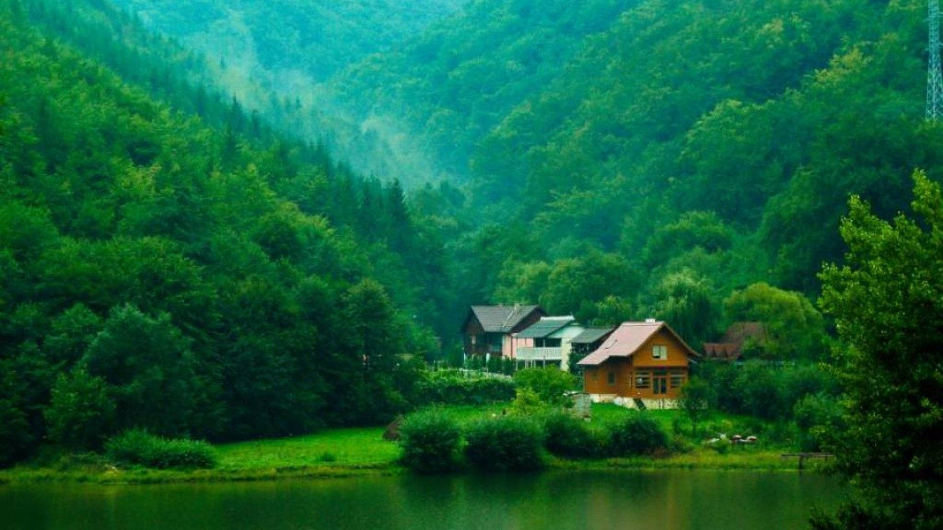 lake house, wooden cabin, calm lake, Full HD Desktop Wallpaper
