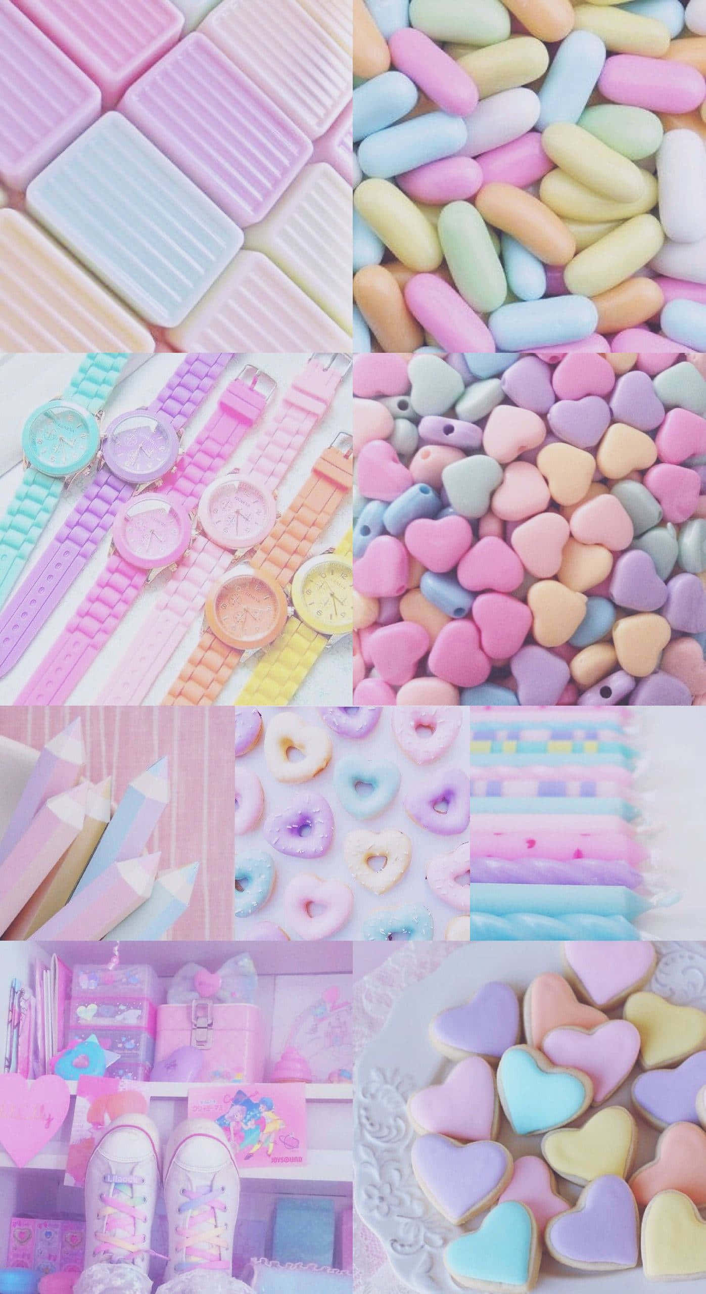 pastel rainbow iPhone, candy hearts, watches, 2K Phone Wallpaper