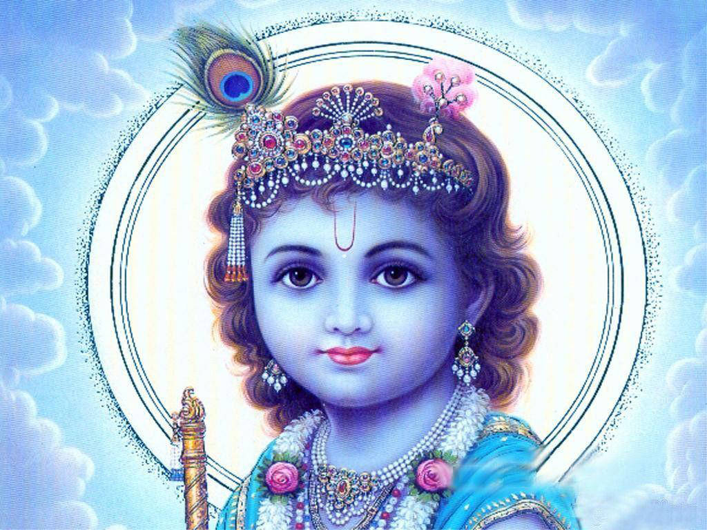 Beautiful Krishna, blue skin, jeweled crown, SD Desktop Wallpaper