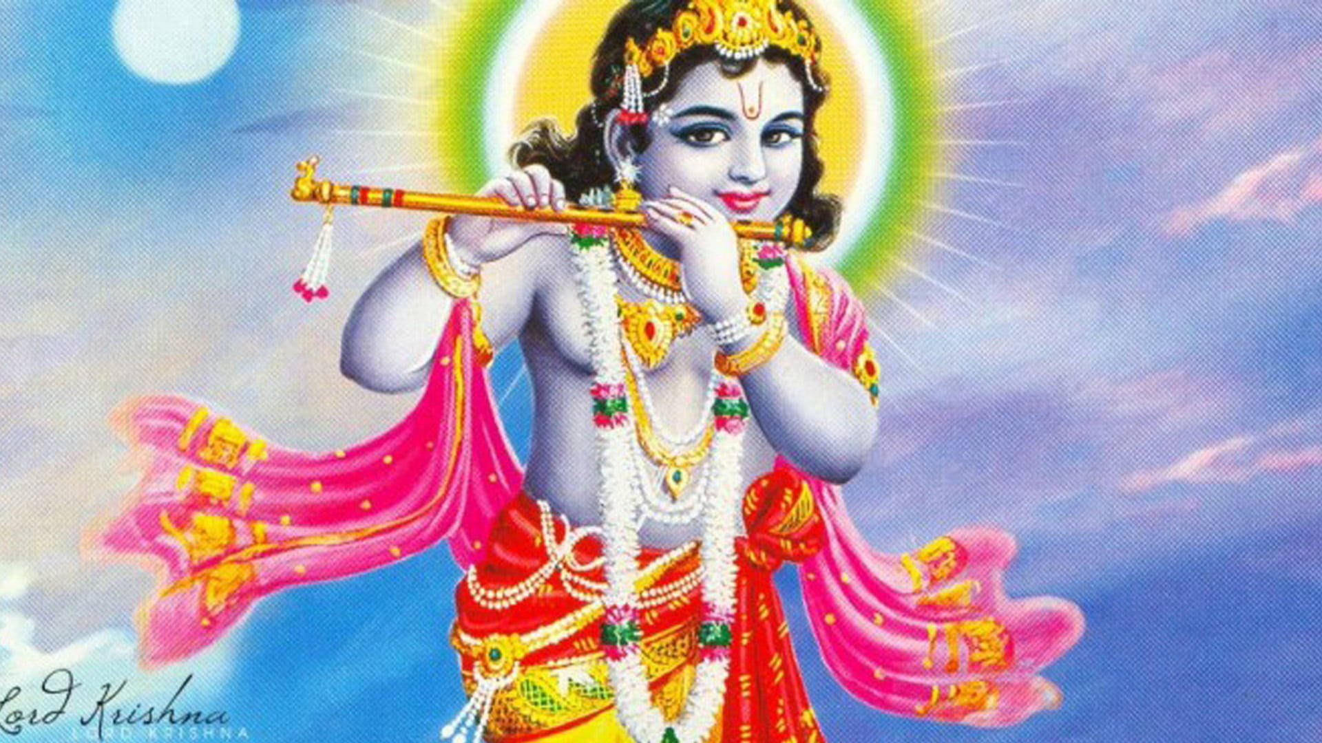 Krishna, flute, radiant halo, Full HD Desktop Wallpaper