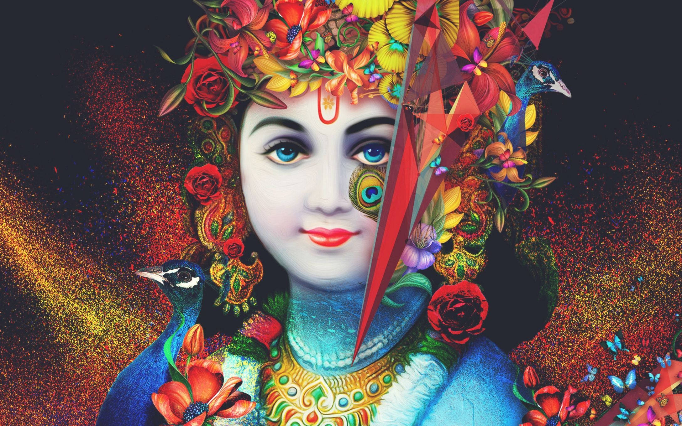 Beautiful Krishna, serene woman, flowers, Full HD Desktop Wallpaper