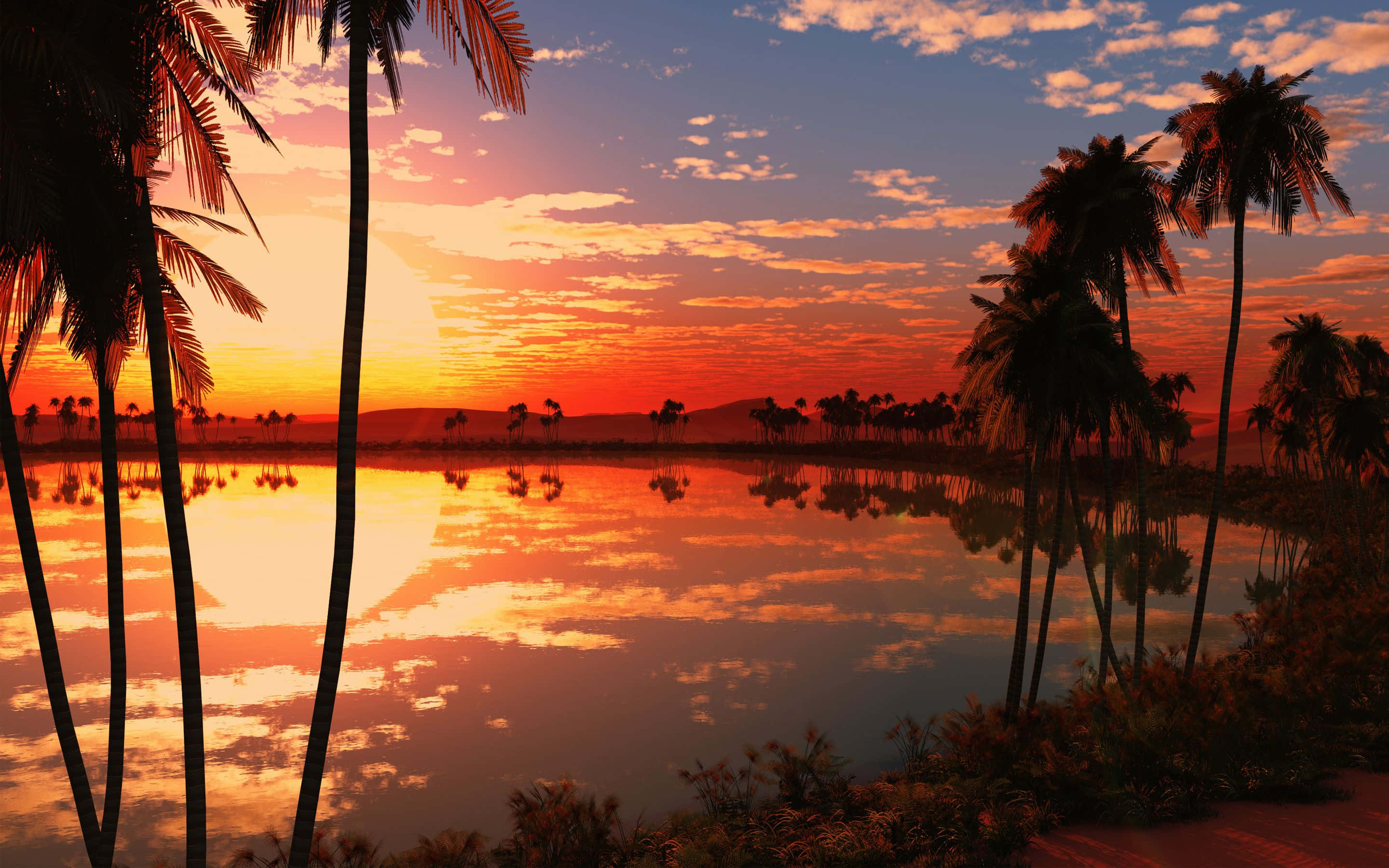 beautiful lake, tropical lake, fiery sunset sky, 2K Desktop Wallpaper