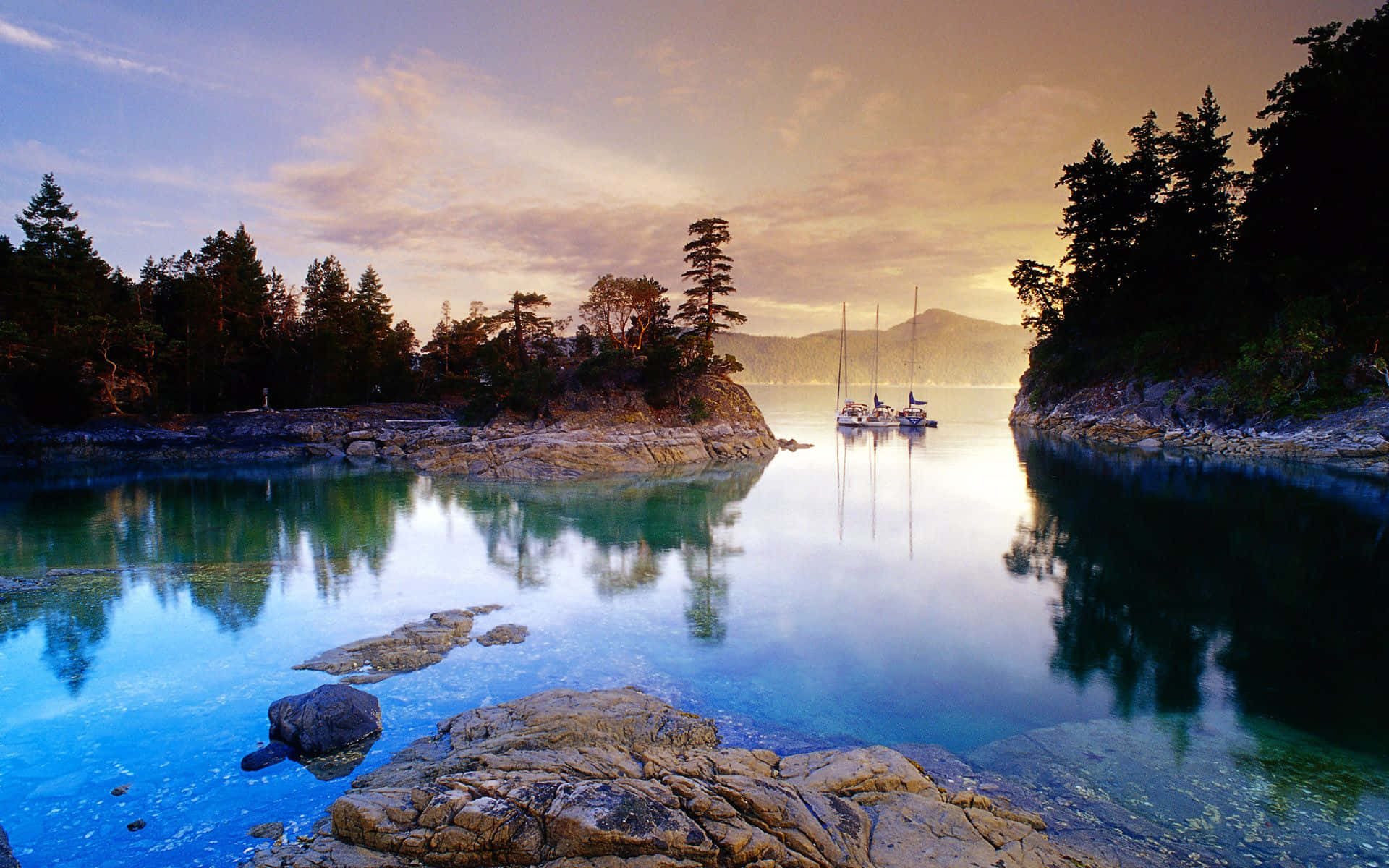 beautiful lake, sailboat, glassy turquoise inlet, Full HD Desktop Wallpaper