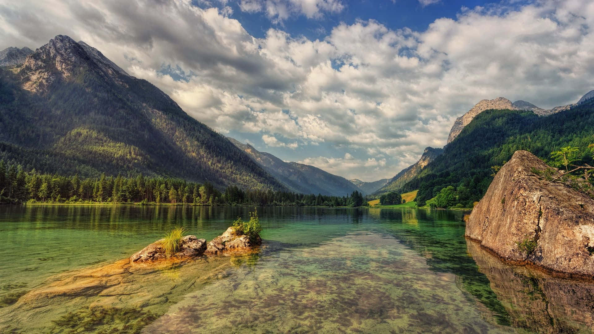 mountain lake, green forests, dramatic clouds, Full HD Desktop Wallpaper