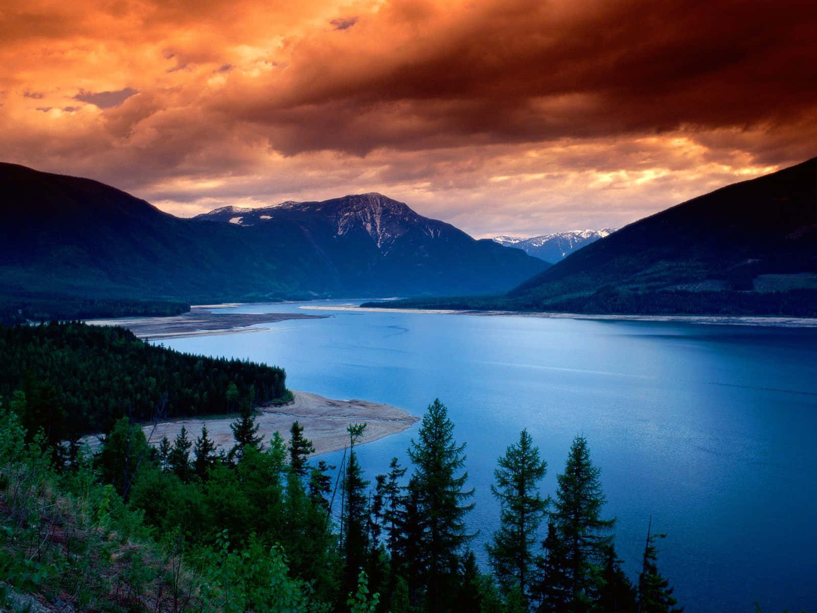Beautiful Lake, fiery orange sunset sky, forested mountains, HD Desktop Wallpaper