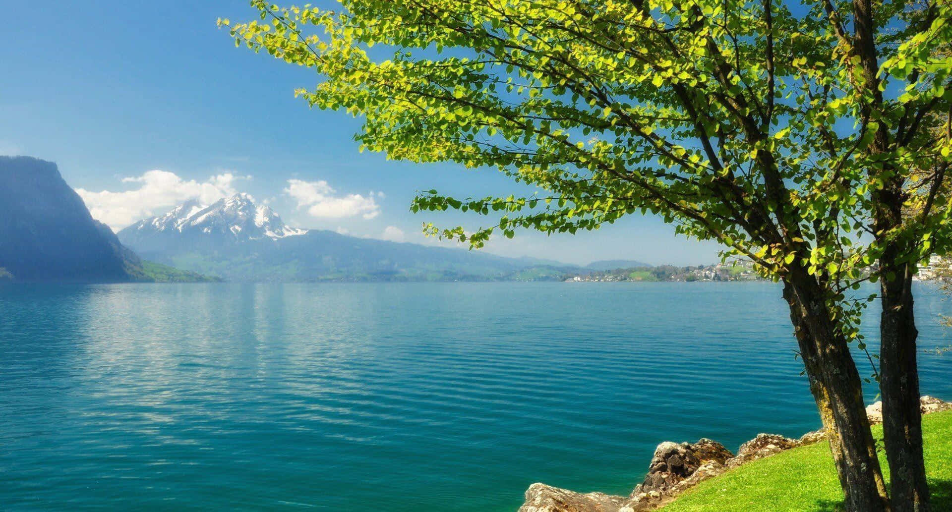 turquoise lake, snow-capped mountains, clear blue sky, Full HD Desktop Wallpaper