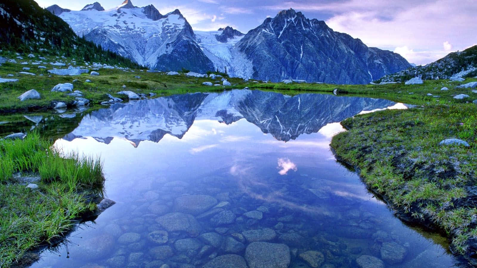 alpine lake, snowcapped mountains, green meadows, HD Desktop Wallpaper