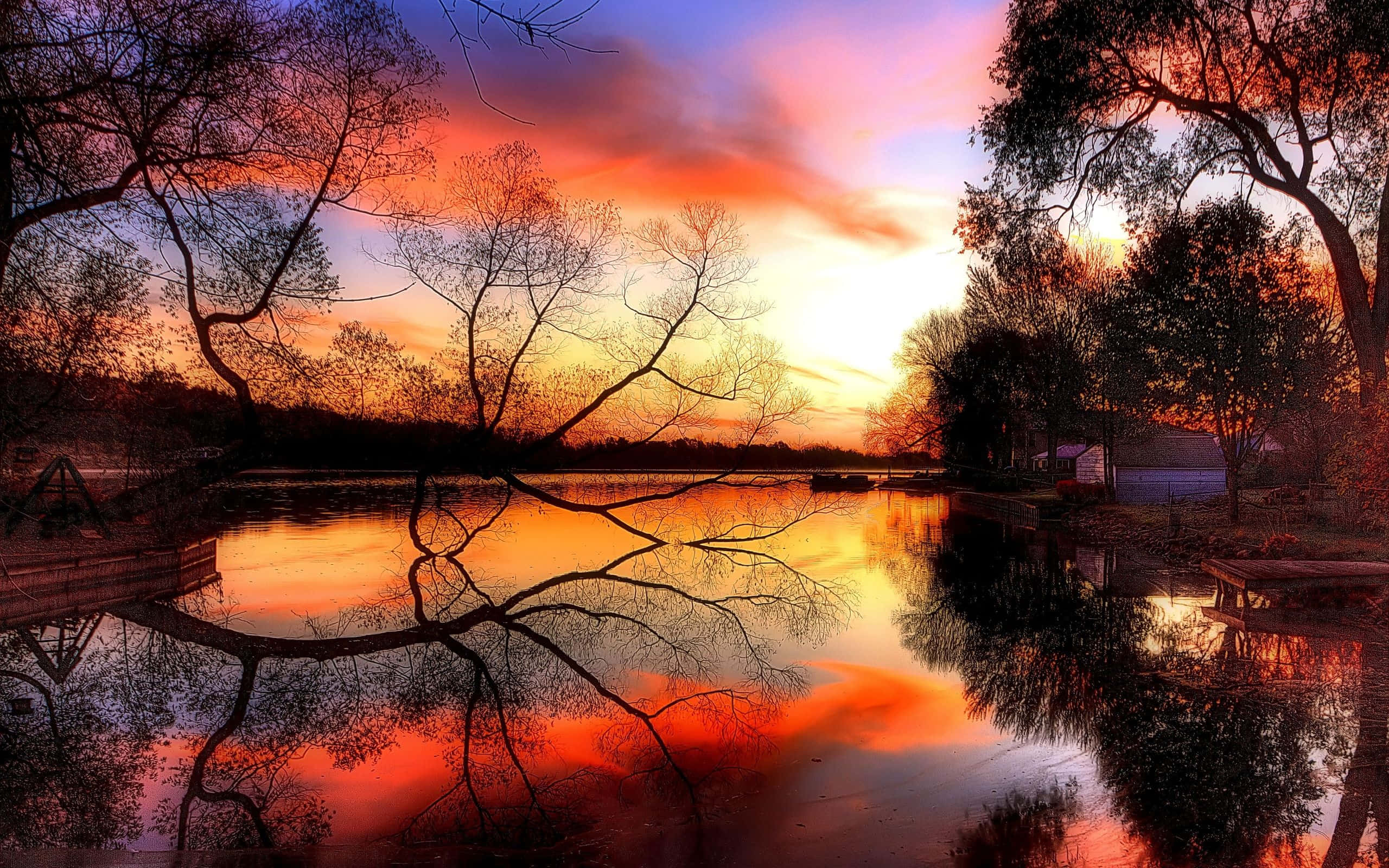 crystal-clear lake, vibrant sunset, fiery orange, 2K Desktop Wallpaper