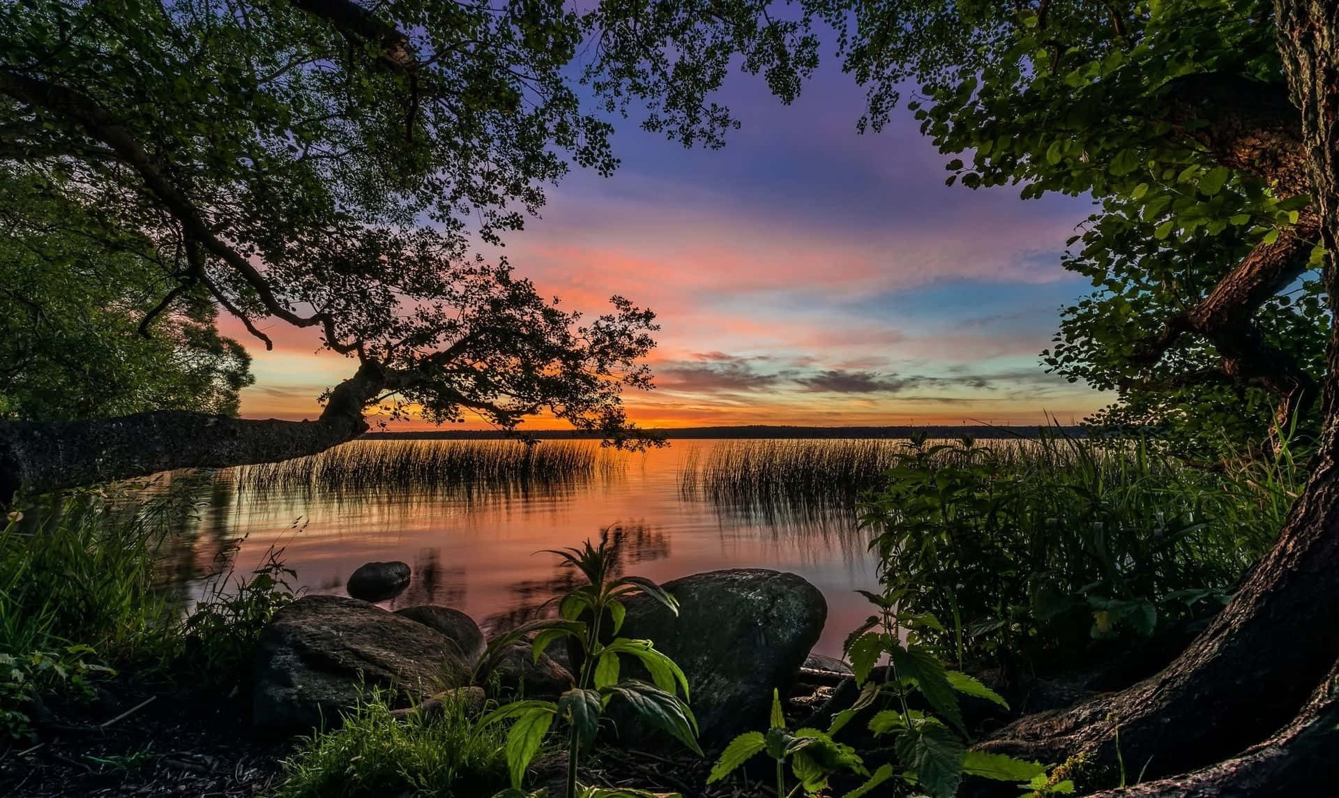 serene lake, sunset, calm lake, Full HD Desktop Wallpaper