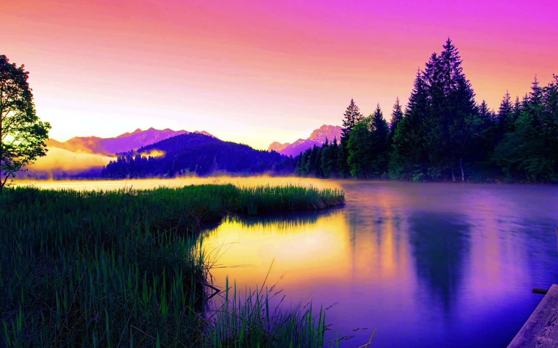 Beautiful Lake, dawn, vibrant pink and purple skies, Full HD Desktop Wallpaper