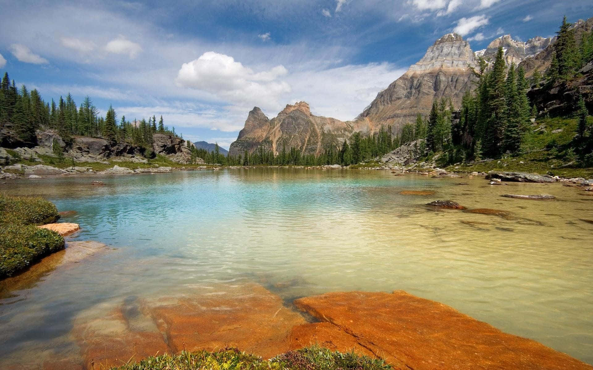 blue-green lake, turquoise water, jagged rocky mountains, Full HD Desktop Wallpaper