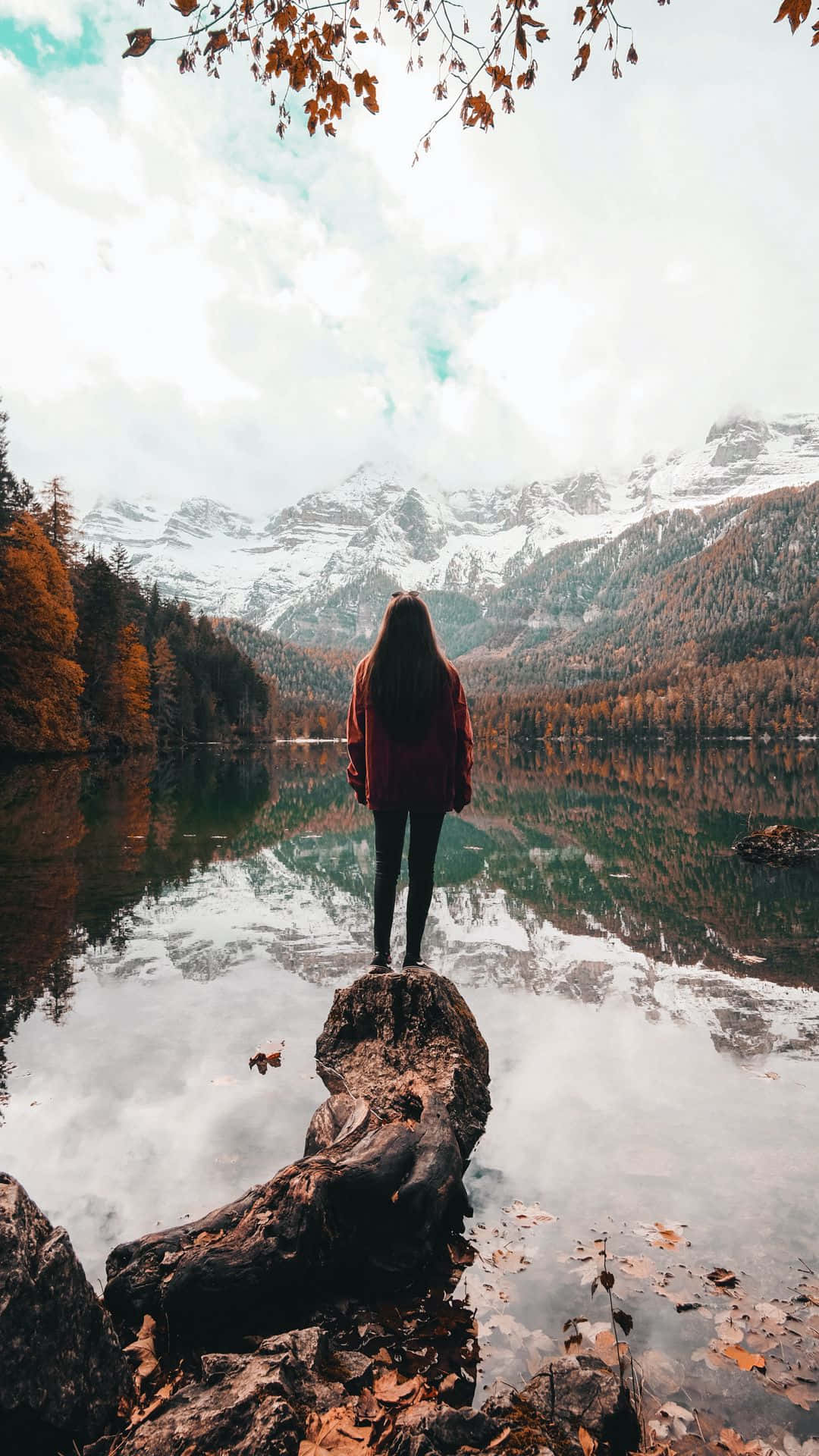 calm lake, snow-capped mountains, autumn trees, Full HD Phone Wallpaper