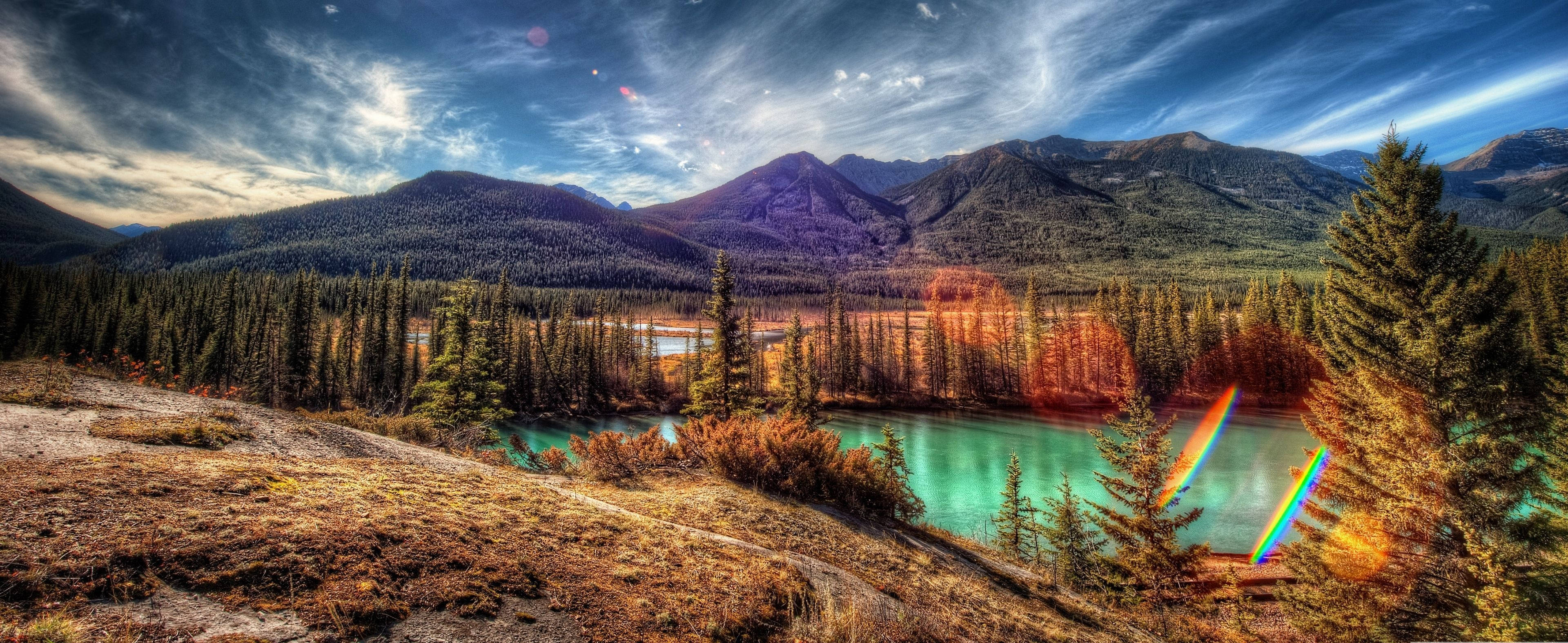 3840x1600, mountain lake, evergreen forests, 4K Desktop Wallpaper