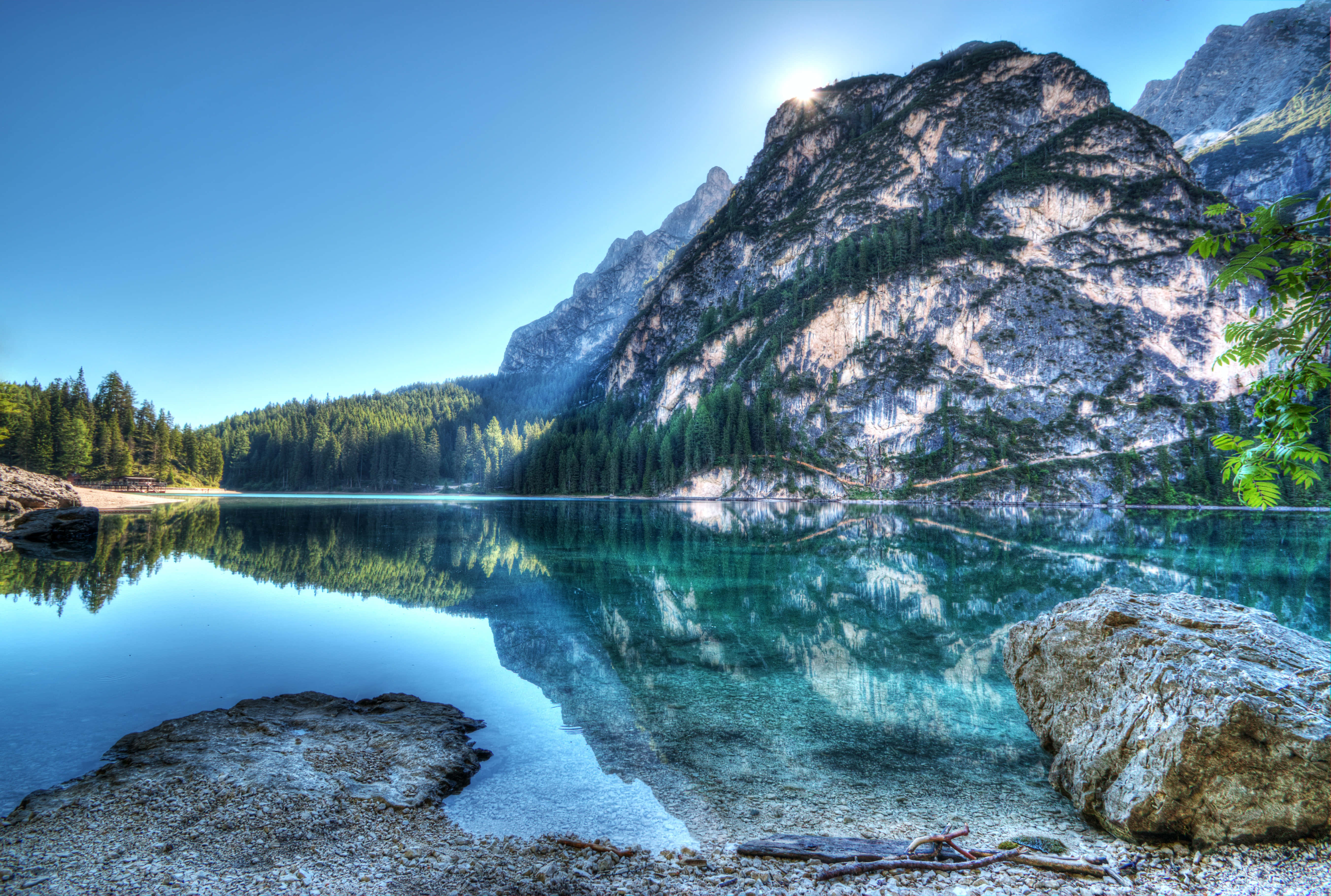 alpine lake, rocky cliffs, dense pine forests, 5K Desktop Wallpaper