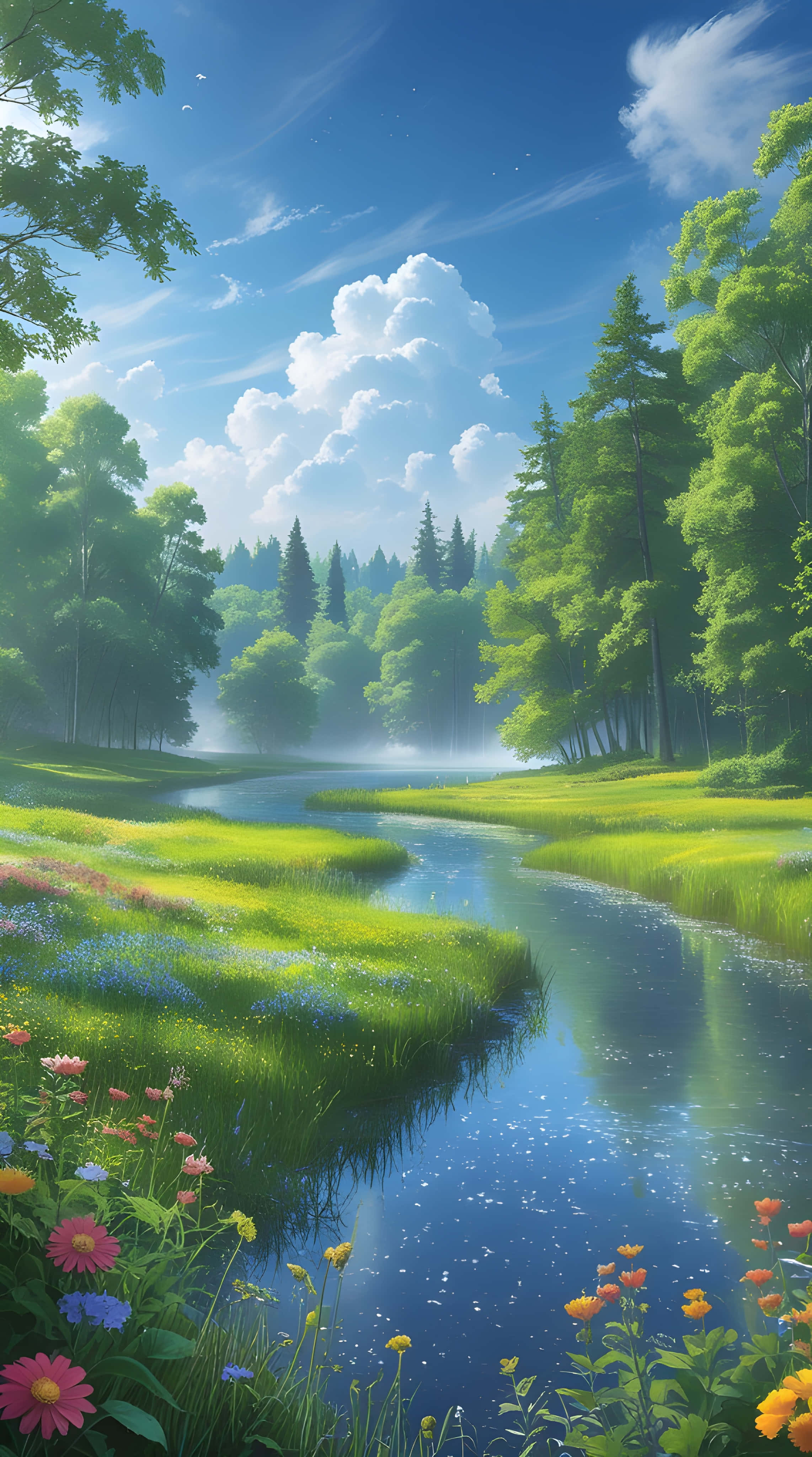 serene winding river, lush green meadow, colorful wildflowers, 4K Phone Wallpaper