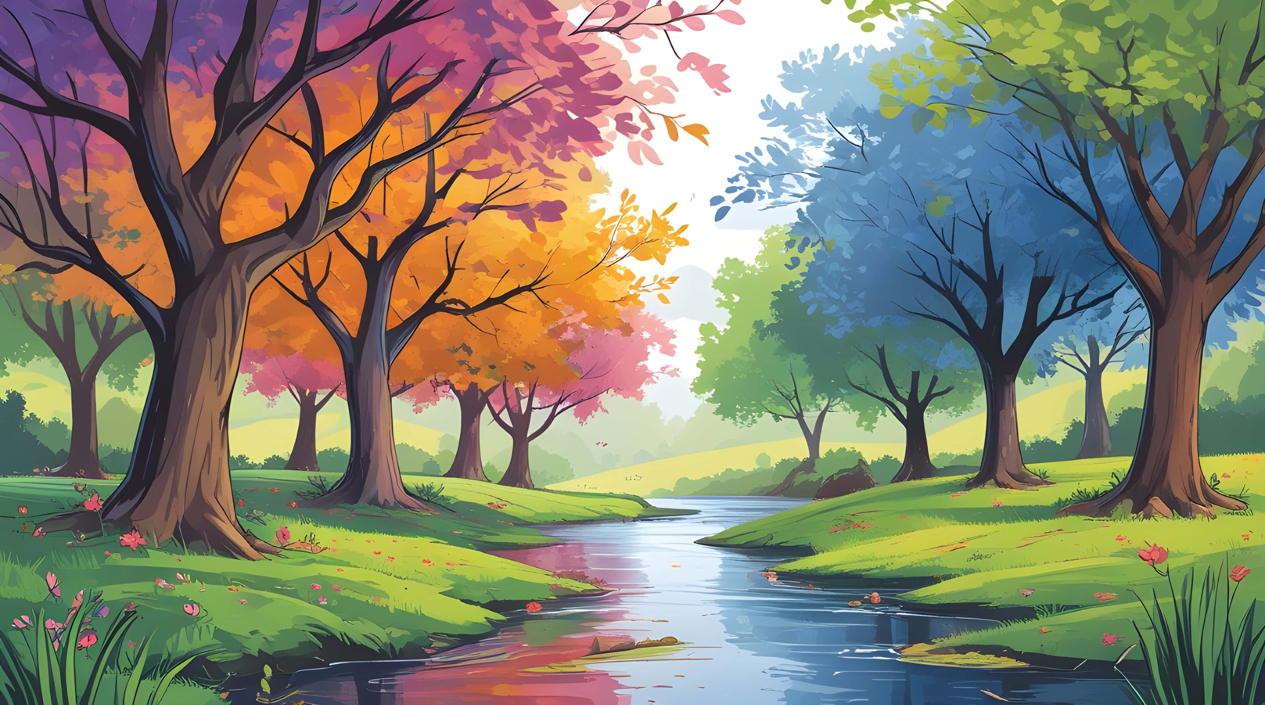 beautiful lake, vibrant forest, fiery orange, 4K Desktop Wallpaper