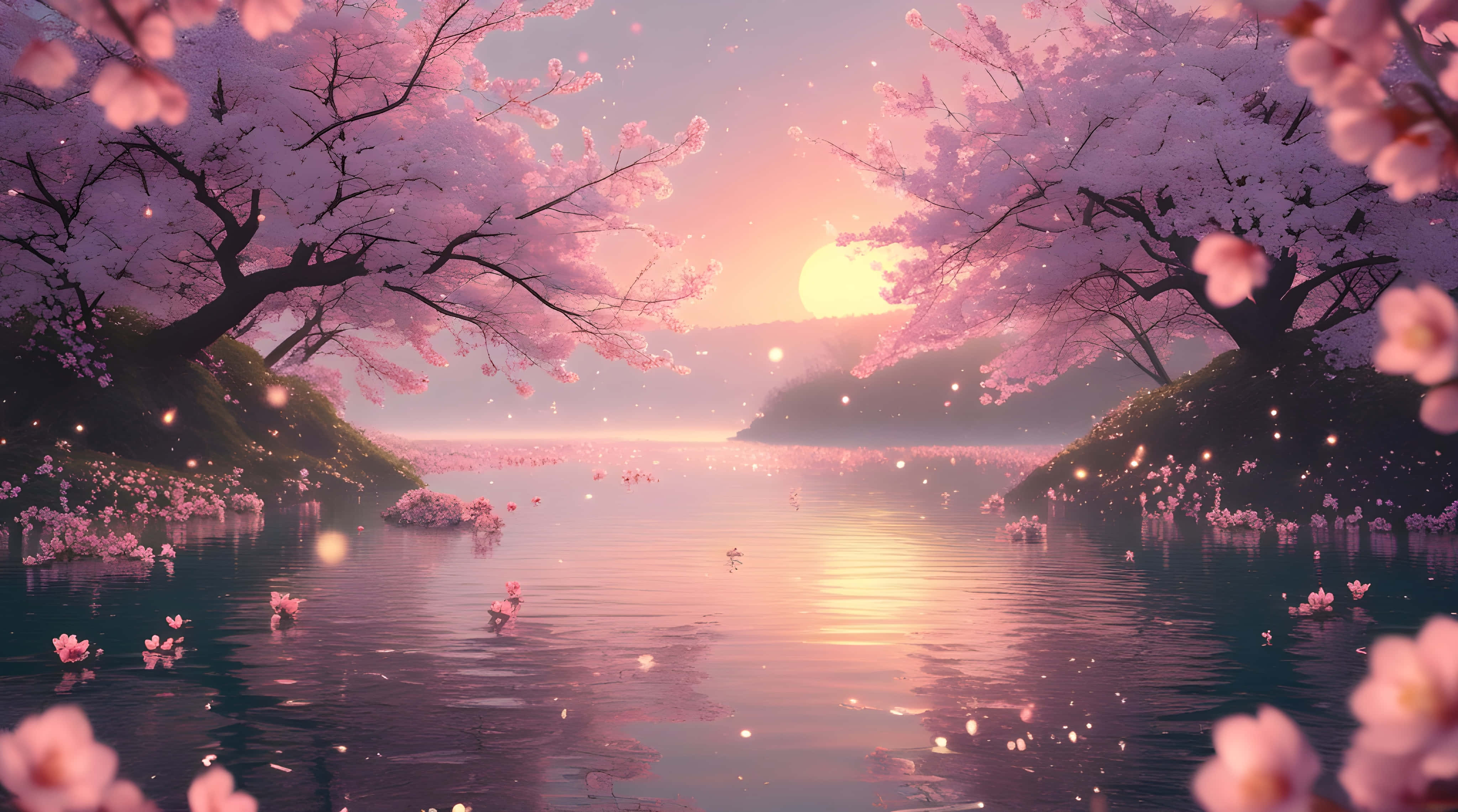 cherry blossoms, tranquil river, soft golden sunset, 4K Desktop Wallpaper