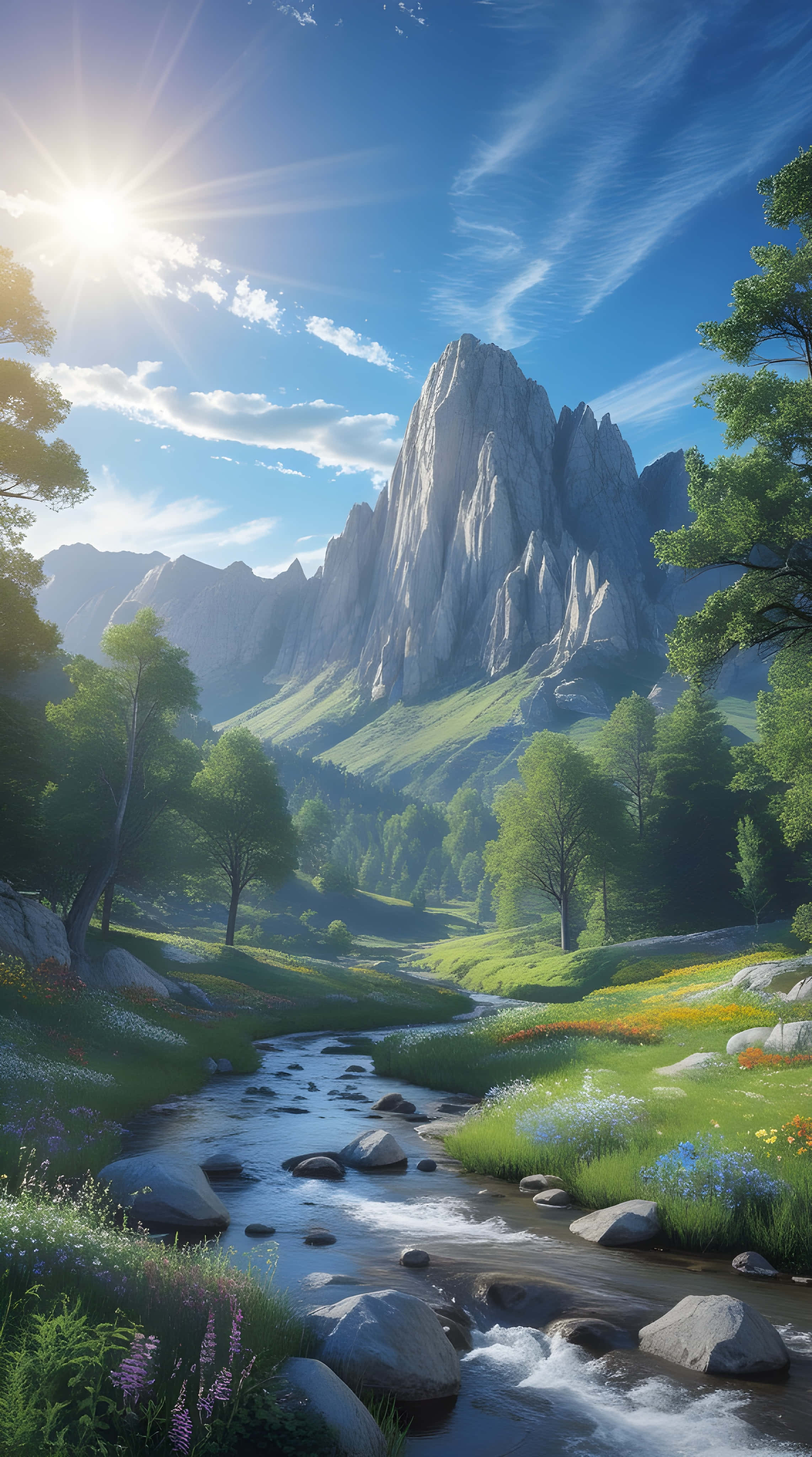 sunlit mountain valley, winding stream, wildflowers, 4K Phone Wallpaper
