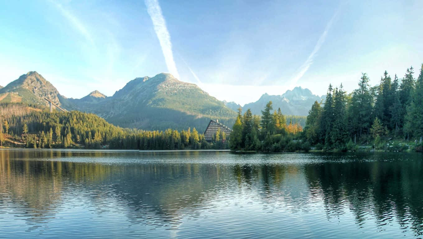 mountain lake, towering peaks, wooden cabin, HD Desktop Wallpaper