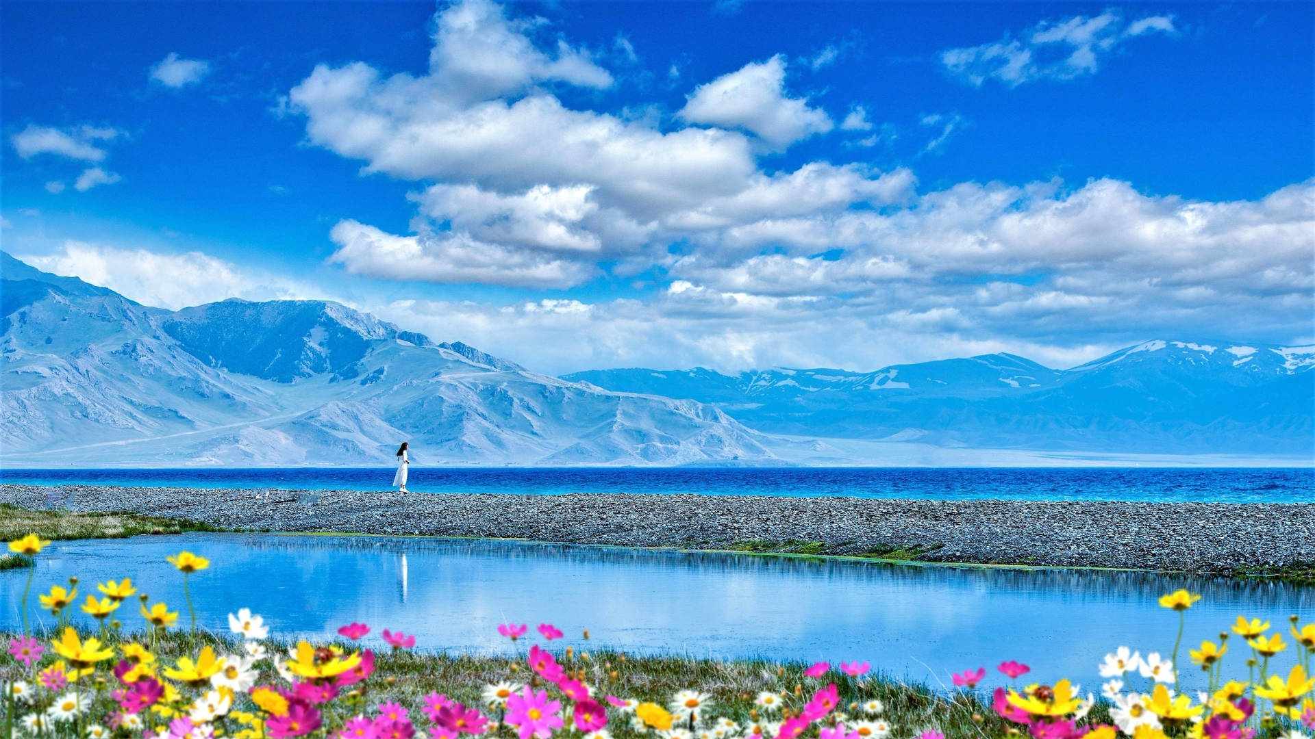 snow-capped mountains, vast blue lake, rocky shore, Full HD Desktop Wallpaper