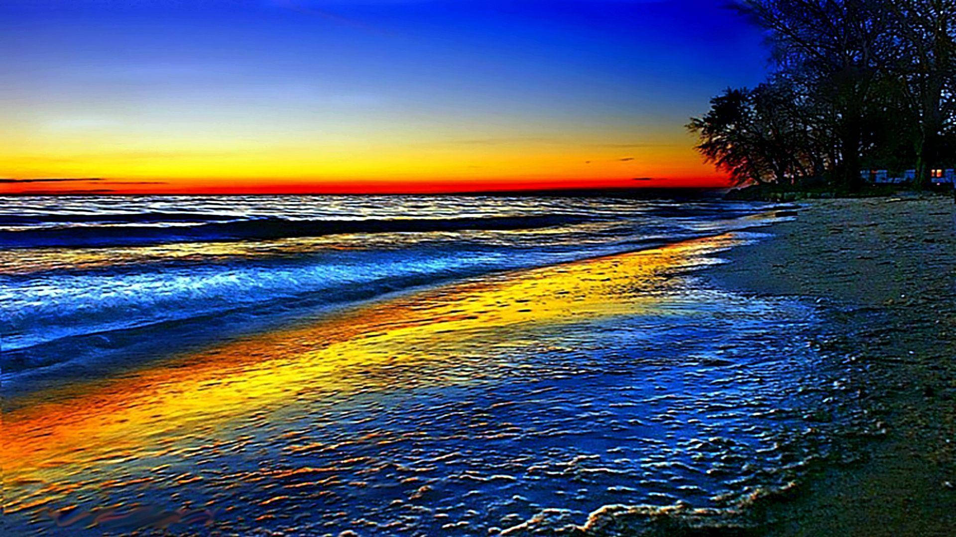 sunset, ocean, fiery orange, Full HD Desktop Wallpaper