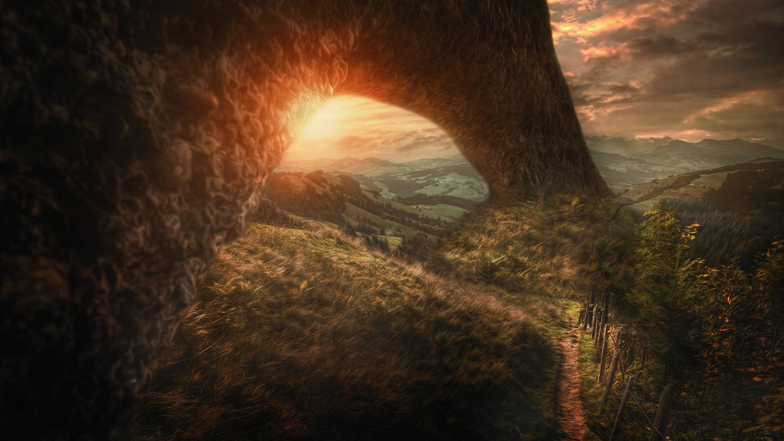 glowing sunset, massive natural rock arch, rolling mountain valley, 2K Desktop Wallpaper
