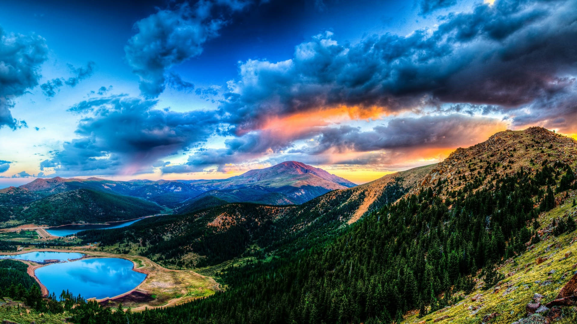 cloudy sunset, mountain valley, turquoise lakes, Full HD Desktop Wallpaper
